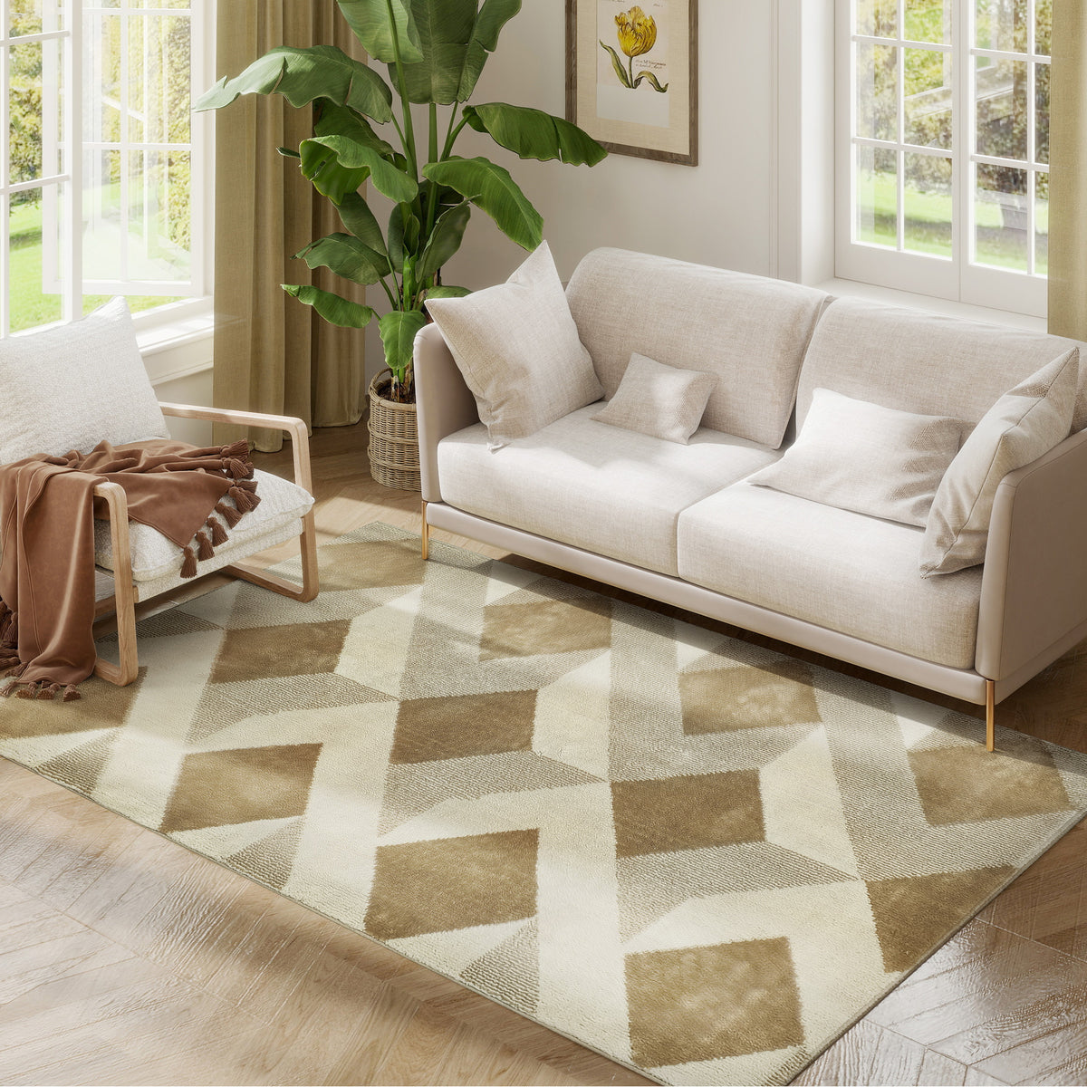 Tapete Sala de Estar 170x120 cm Tapete Lavável na Máquina de Lavar Pelo Curto Estilo Moderno Tapete para Sala de Estar Quarto Sala de Jantar Creme e Marrom Claro — foto 1