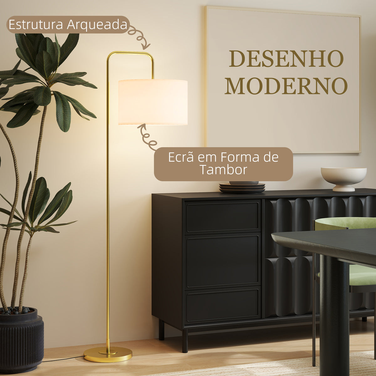 Candeeiro de Pé Moderno Lâmpada E27 Máx. 40W com Ecrã de Linho Estrutura de Aço e Interruptor de Pé Candeeiro de Leitura para Sala de Estar Dormitório 64x38x163,5 cm Branco e Dourado — foto 4