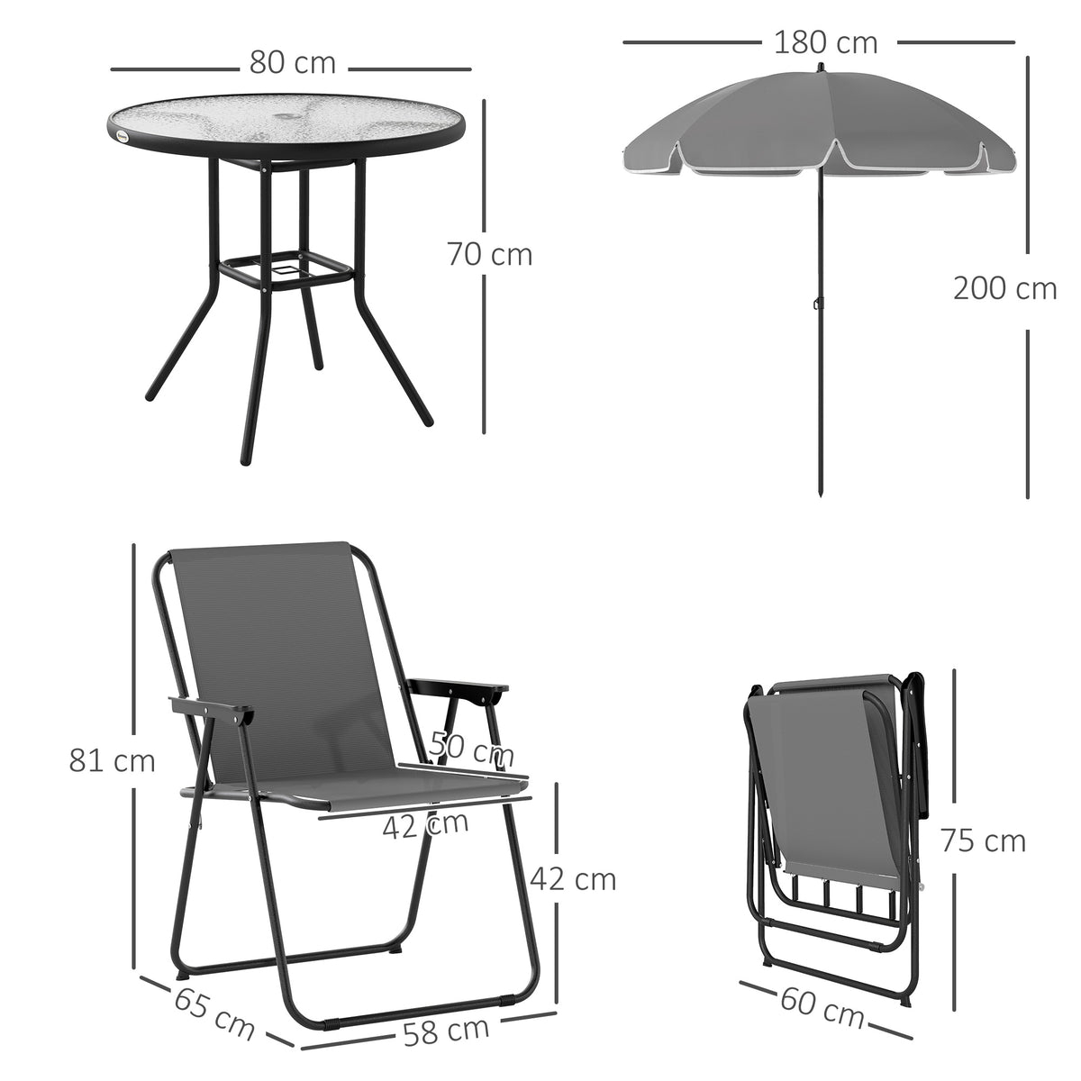 Conjunto de Mesa e Cadeiras de Jardim de 6 Peças Móveis de Jardim Exterior com 4 Cadeiras Dobráveis Mesa de Vidro e Chapéu de Sol para Terraço Pátio Cinzento — foto 3