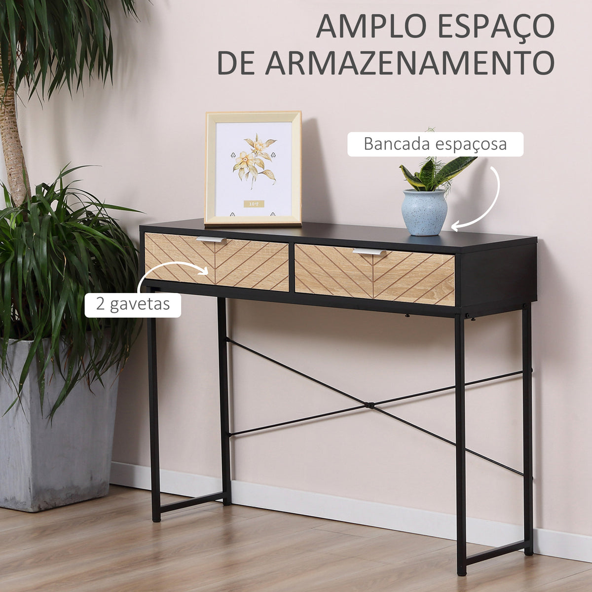 Mesa Consola 100x30x75cm Mesa de Entrada Moderno com 2 Gavetas de Armazenamento e Estrutura de Metal para Corredor Sala de Estar Preto e Madeira — foto 4