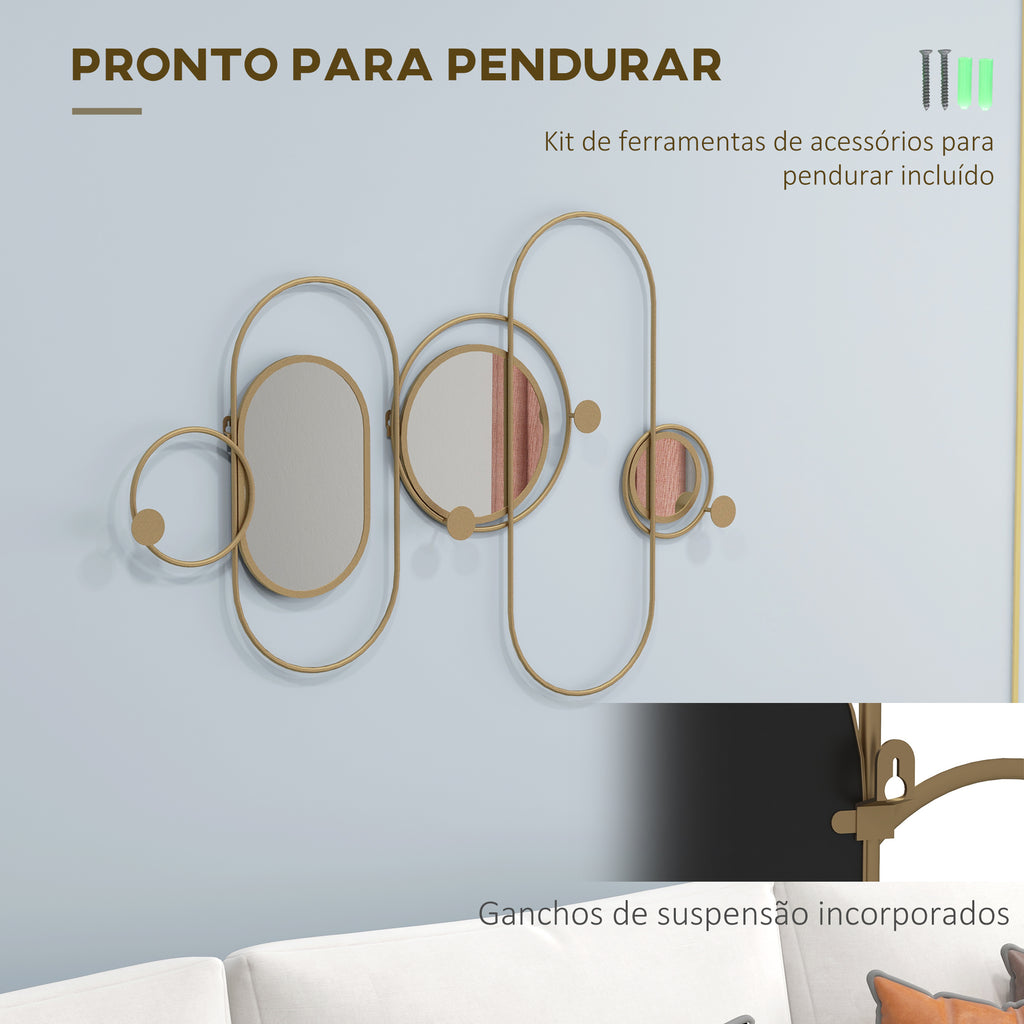 Cabide de Parede com 4 Ganchos e 3 Espelhos Decorativos para Pendurar Casacos Bolsas para Entrada Corredor 106x71 cm Dourado — foto 5