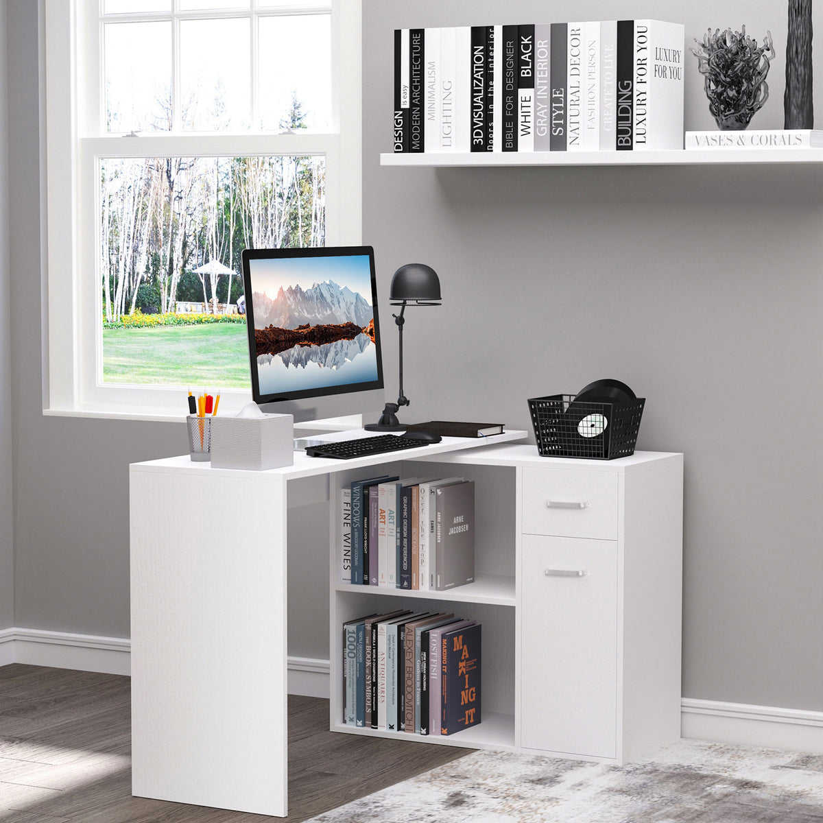 Secretária de Canto Secretária Giratória 180º com 2 Prateleiras 1 Gaveta 1 Armário para Escritório Casa 117x82x74cm Branco — foto 2