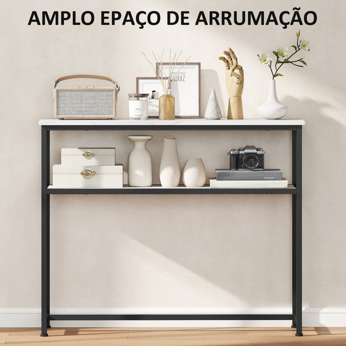 Mesa Consola Moderna Consola Estreita com Superfície com Efeito Mármore Prateleira Aberta e Estrutura de Metal Consola de Sofá para Entrada Sala de Estar 100x30x81 cm Branco — foto 4