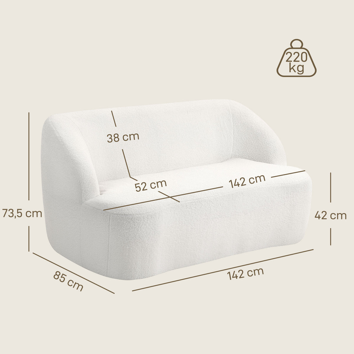 Sofá de 2 Lugares Estofado em Borreguito Sofá de Sala de Estar de 142 cm com Design Curvo e Acolchoamento Grosso Sem Necessidade de Montagem para Quarto Sala de Estar ou Escritório 142x85x73,5 cm Creme — foto 3