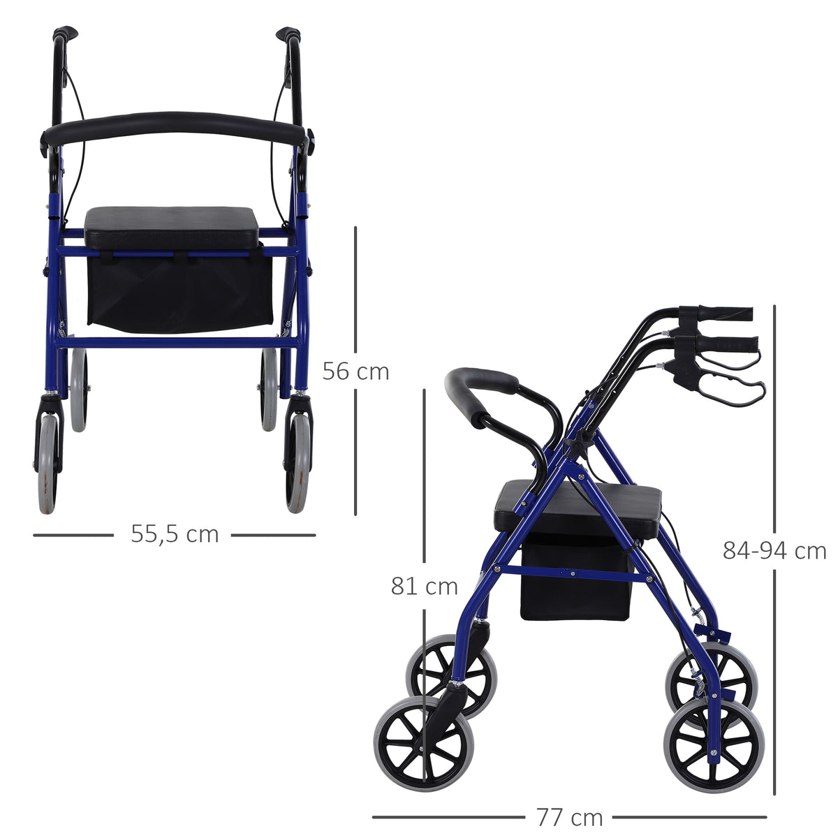 Andador para Adultos Dobrável com Armazenamento Assento e Travão 65x53x79-89cm Azul e Preto — foto 3