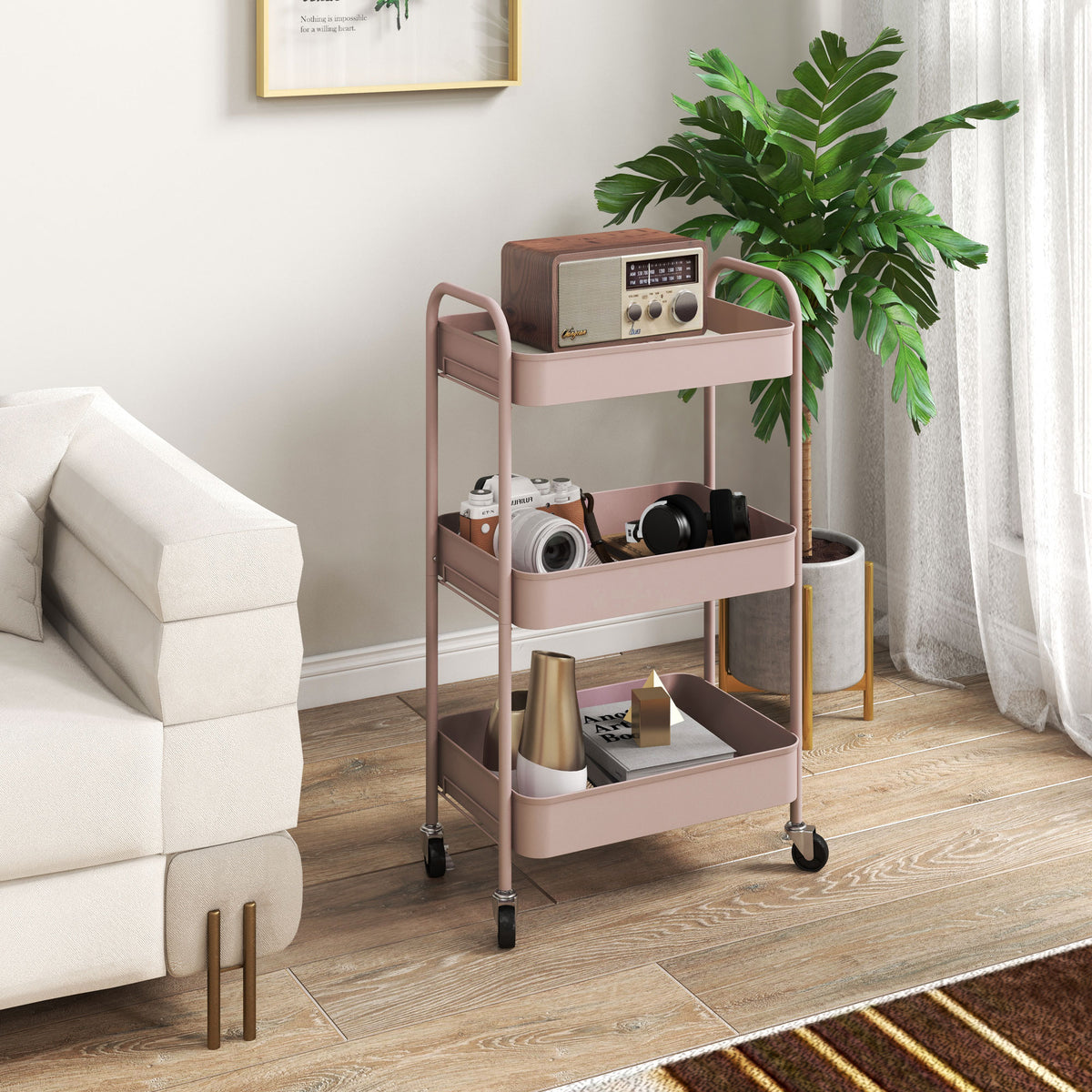 Carrinho Auxiliar de 3 Níveis com Rodas Carrinho de Armazenamento Deslizante com 3 Prateleiras 4 Rodas e 2 Travões para Cozinha Sala 45x30.6x79 cm Rosa — foto 2