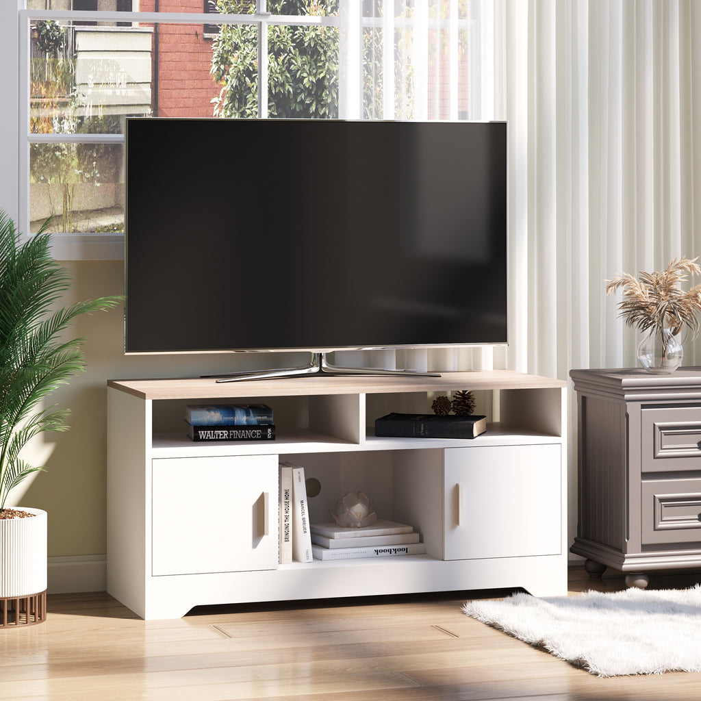 Móvel de TV para Sala de Estar Móvel de TV com Amplo Espaço de Arrumação Prateleiras Abertas Orifício Passa Cabos 105x40x52 cm Branco e Madeira — foto 2