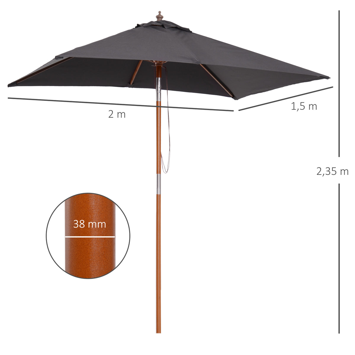 Chapéu de Sol de Jardim 200x150x230 cm Chapéu de Sol Retangular Inclinável com Polia Duplo Teto e Mastro Desmontável de Madeira para Terraço Pátio Cinzento Escuro — foto 3