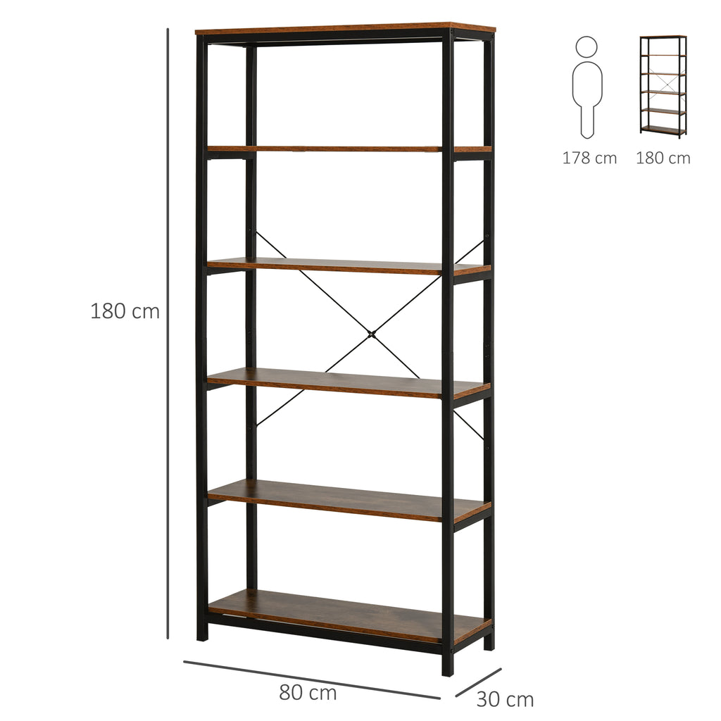 Estantes de estilo industrial com 6 prateleiras abertas para livros Armazenamento da sala de estar Escritório 80x30x180 cm Castanho Rústico — foto 3