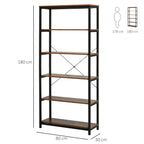 Estantes de estilo industrial com 6 prateleiras abertas para livros Armazenamento da sala de estar Escritório 80x30x180 cm Castanho Rústico — foto 3