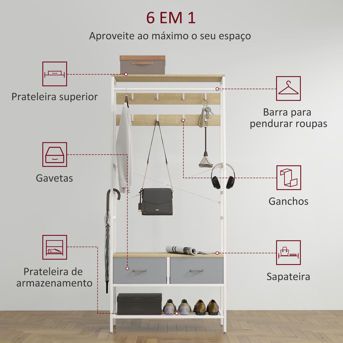 Móvel Cabide de Entrada com Banco Sapateira 8 Ganchos 2 Gavetas de Tecido Barra Prateleira de Rede Estilo Industrial para Corredor Quarto Sala de Estar 80x30x180,5 cm Branco e Madeira — foto 5