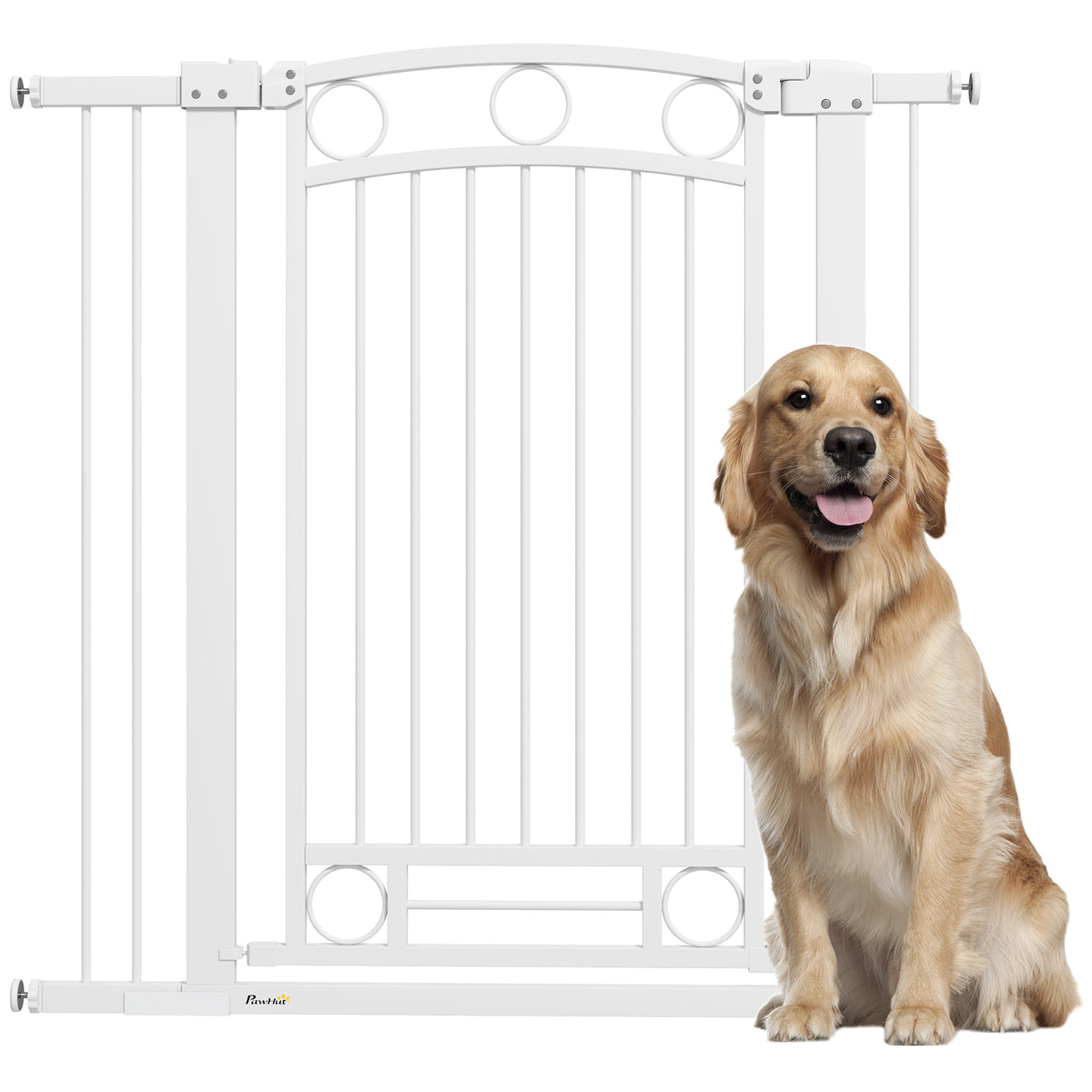 Barreira de Segurança para Cães Barreira de Segurança para Cães com Largura Ajustável 76-104 cm Barreira de Proteção com 2 Extensões para Escadas e Portas 76-104x104 cm Branco — foto 1