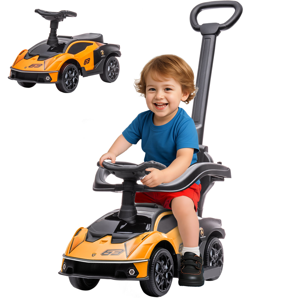 Carro Andador 2 em 1 para Crianças 12-36 Meses Lamborghini Essenza SCV2 Carro Andador com Buzina Guiador e Grade de Segurança Removível 86,5x40x89,5cm Laranja — foto 1