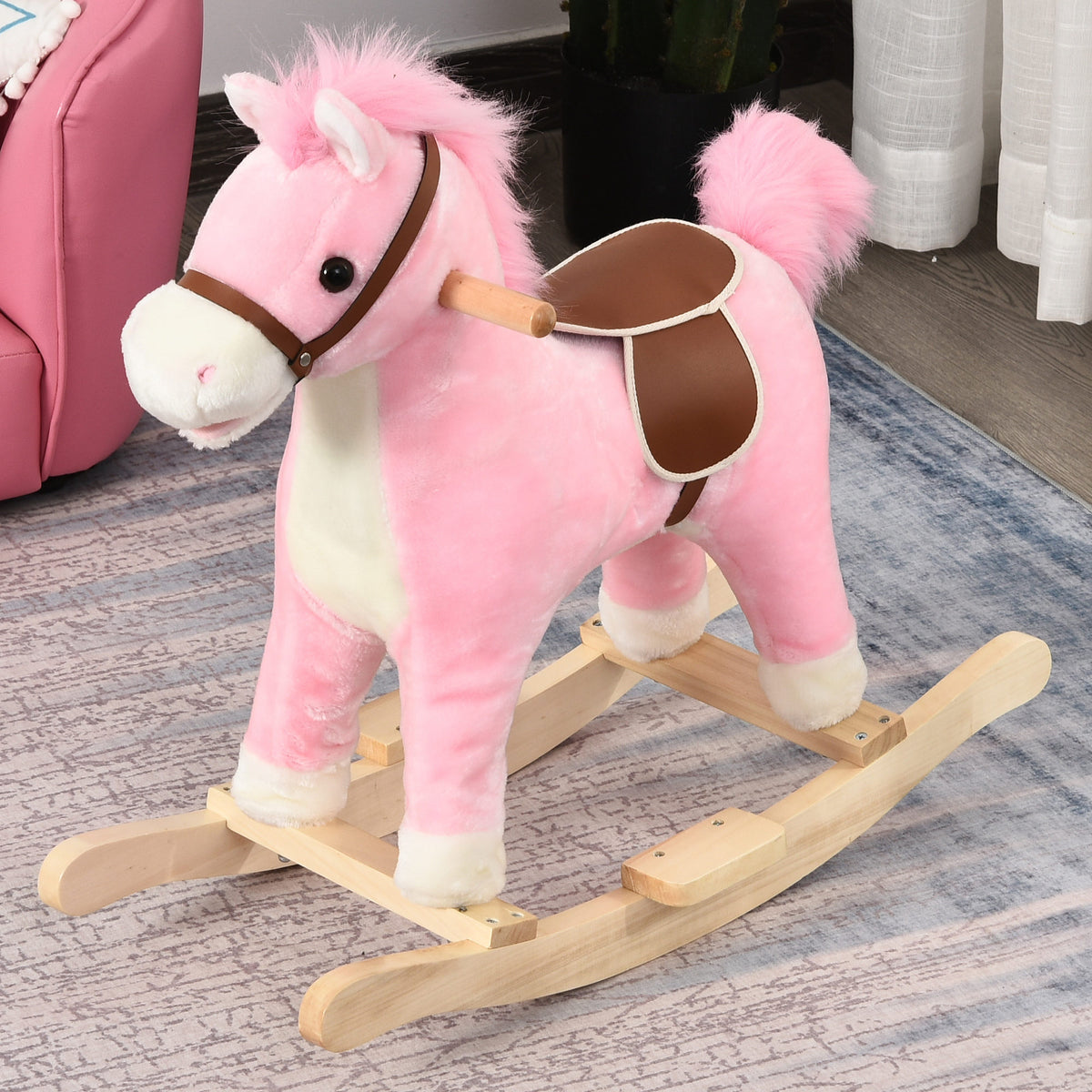 Cavalo Baloiço para Crianças acima de 36 Meses Cavalo Baloiço de Pelúcia Suave com Música Relinchos Sons de Galope Boca e Cauda Móveis 65x32,5x61 cm Rosa — foto 2