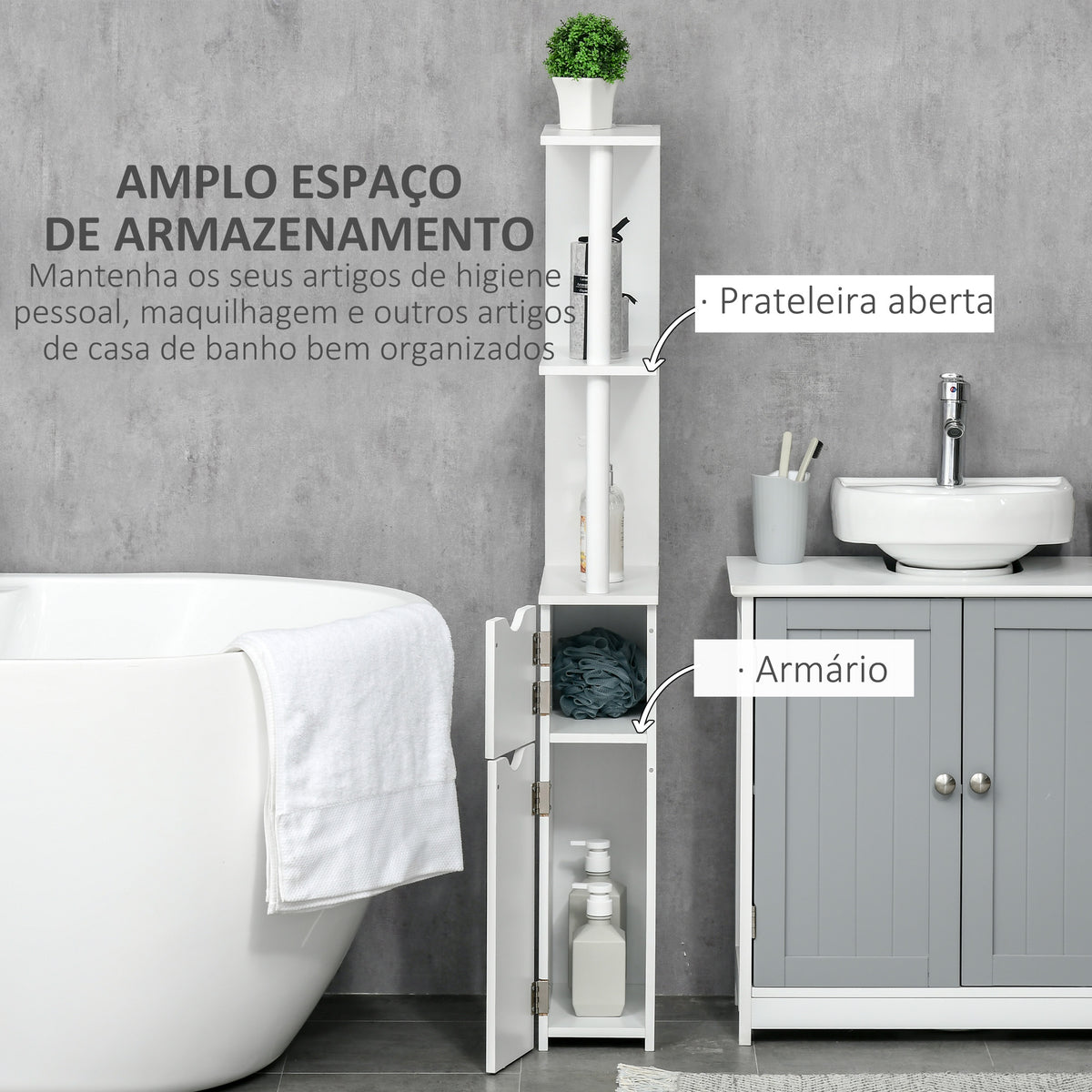 Coluna Casa de Banho com 2 Portas e 2 Prateleiras Abertas Armário Alto para Casa de Banho Sala de Estar Dormitório Estilo Moderno 15,2x29,8x118cm Branco — foto 4