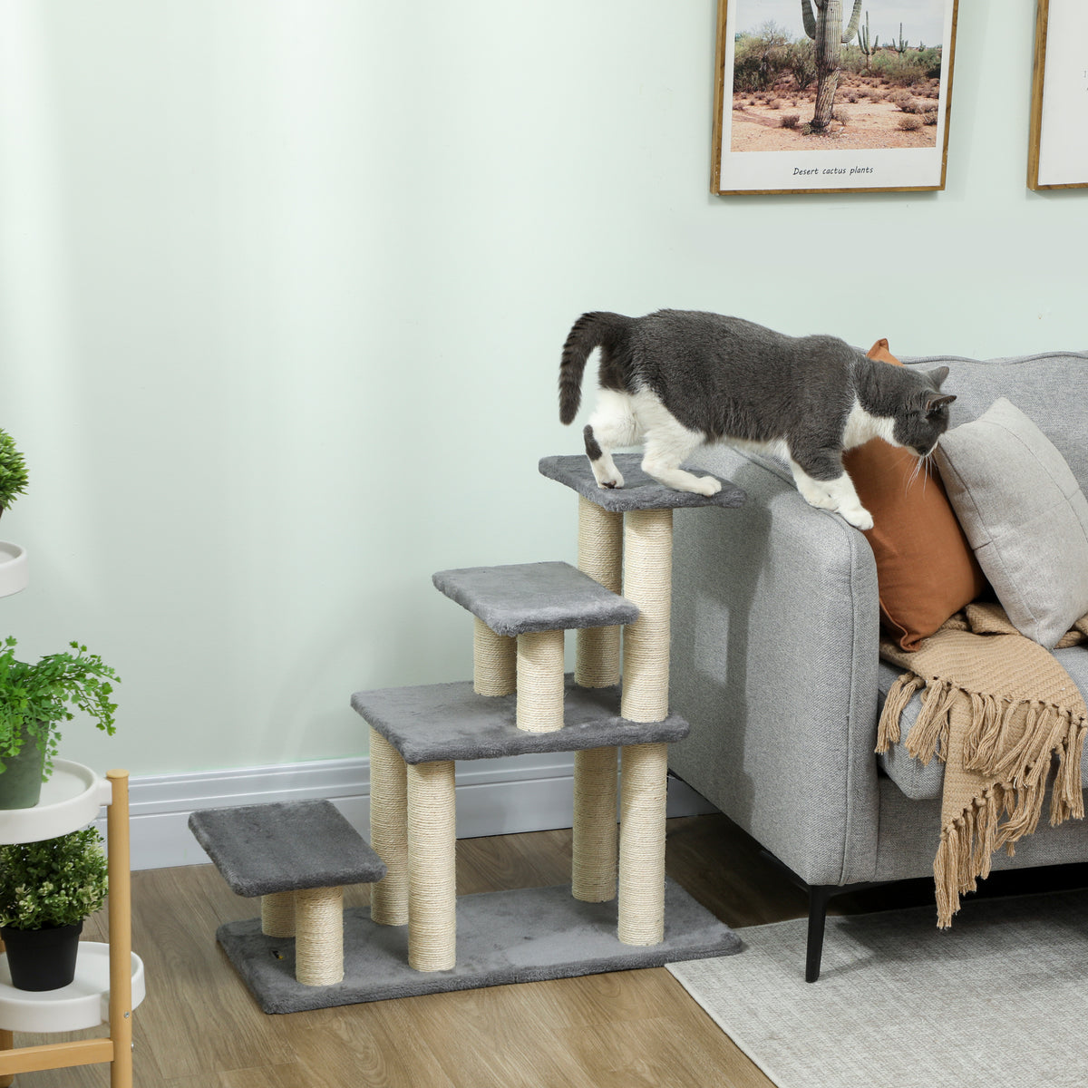 Escada para Animais Ajustável de 3 ou 4 Degraus Escada para Gatos com Postes Arranhadores Bola Suspensa para Cama Sofá Peitoris 70x32x68 cm Cinzento — foto 2