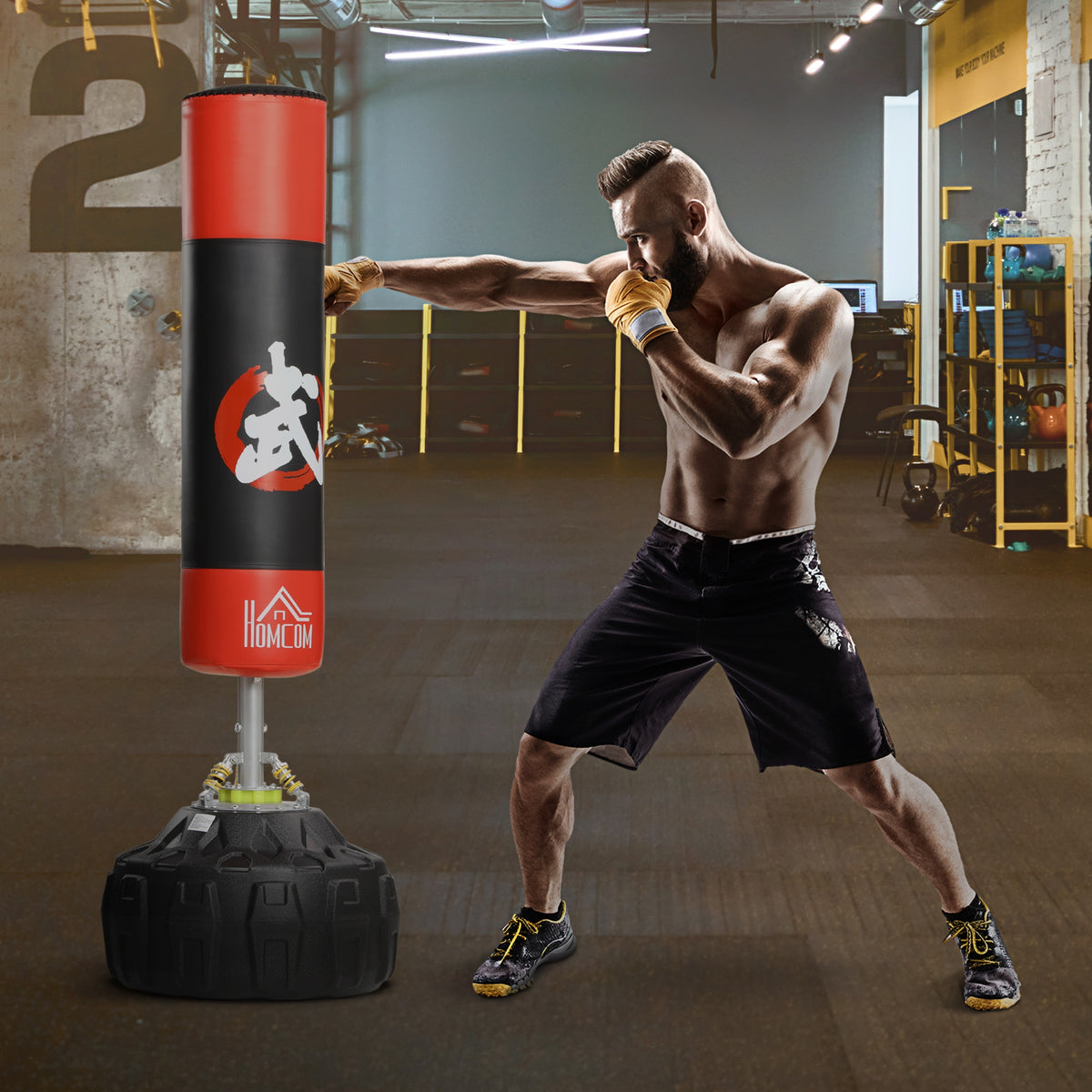 Saco de Boxe em Pé Saco de Boxe para Adultos com Grande Base Preenchível de Areia e Água e Molas Amortecedoras Ø60x180 cm Preto e Vermelho — foto 2