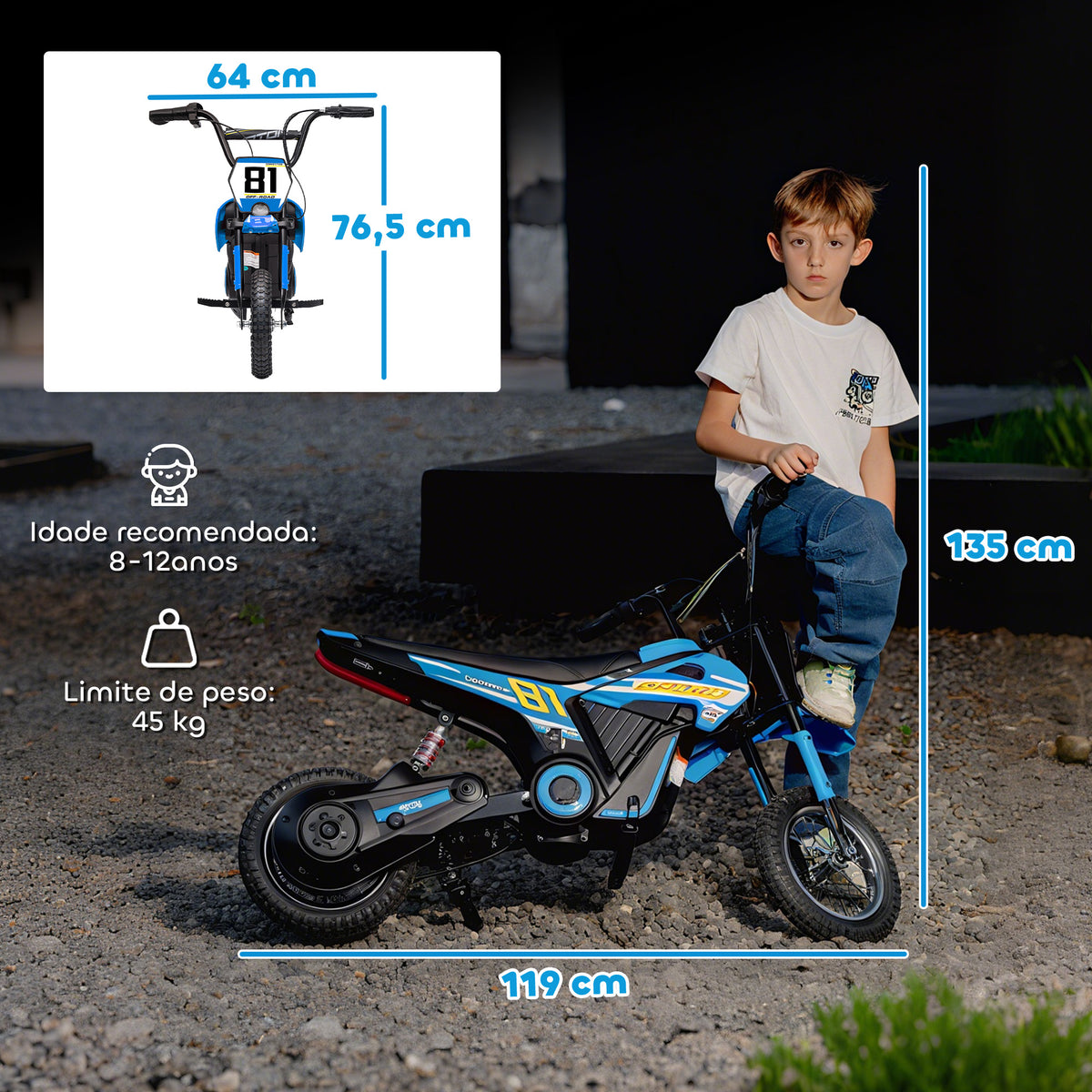 Mota Elétrica para Crianças 24V Mota Elétrica Infantil com Motor 250W Velocidade de 6-16km/h Rodas de Ø30,5 cm e Suspensão Traseira para Crianças de 8-12 Anos 119x64x76,5 cm Azul — foto 3