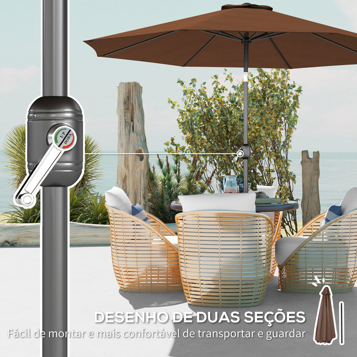 Chapéu de Sol de Jardim Ø295x250cm com Manivela Chapéu de Sol Exterior com Mecanismo de Inclinação e Mastro Desmontável de Metal para Terraço Piscina Pátio Café — foto 6