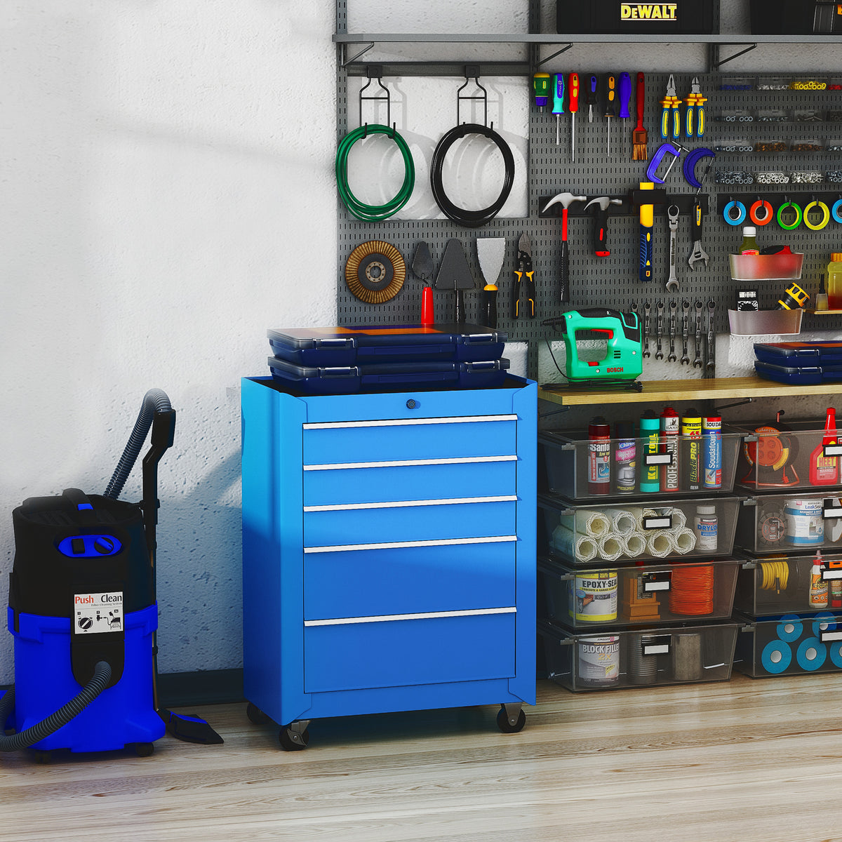 Carrinho de Ferramentas para Oficina com Rodas e 5 Gavetas Carrinho de Ferramentas com Fechadura e Alça Lateral 61,5x33x85 cm Azul — foto 2