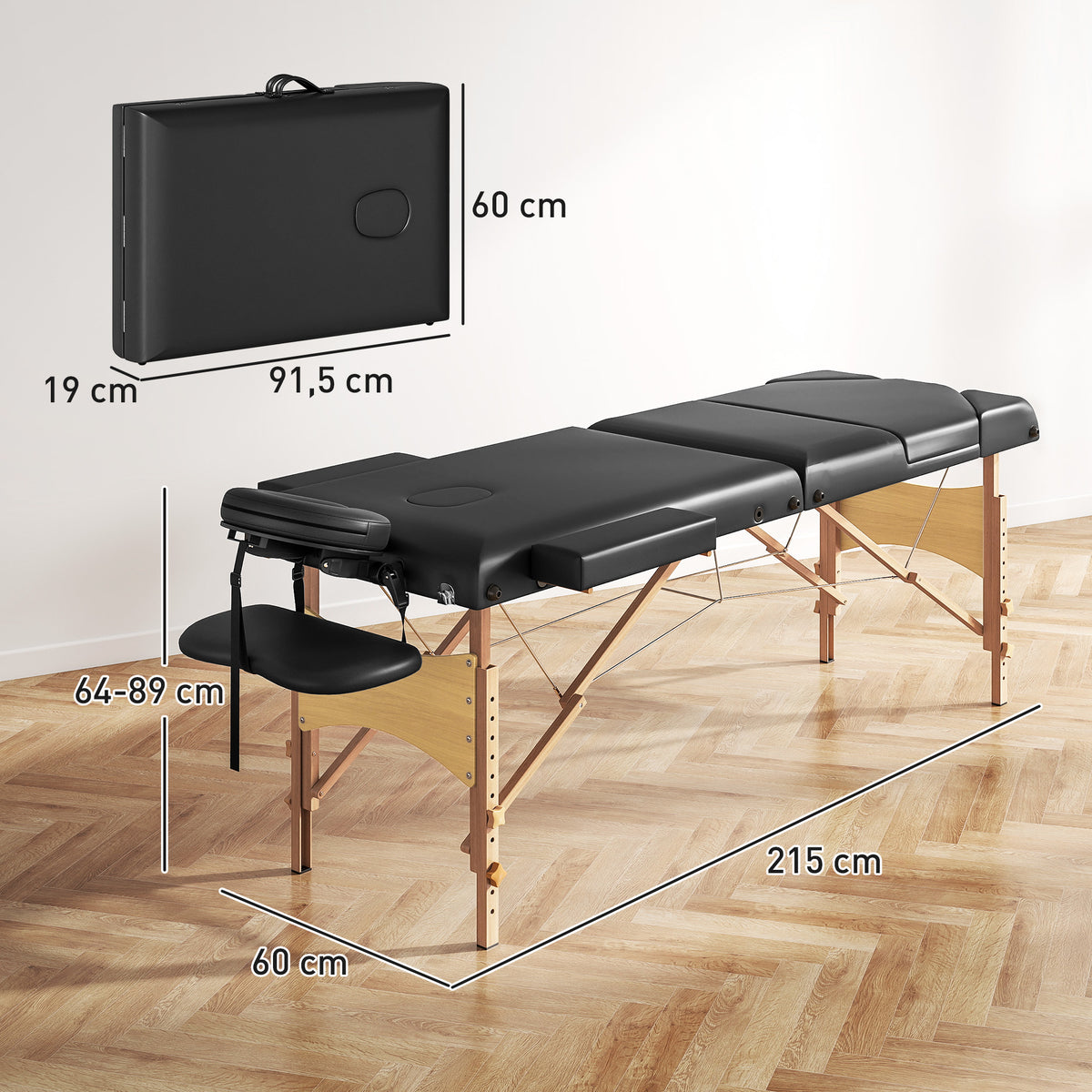 Marquesa de Massagem Dobrável Portátil Marquesa Estética Profissional em Madeira de 3 Zonas com Altura Ajustável Apoio de Cabeça Apoios de Braço Acolchoados 215x60x64-89 cm Preto — foto 3