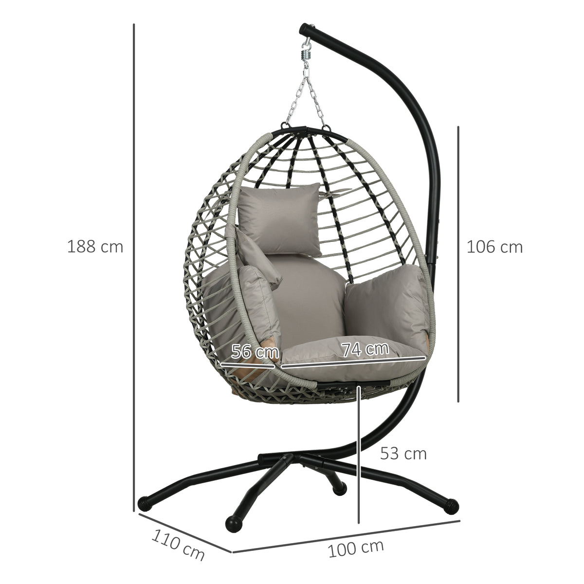 Cadeira Supensa com Suporte Cadeirão Suspenso de Jardim com Cesta Dobrável Almofada e Apoio para a Cabeça Cadeira Suspensa para Interior e Exterior Carga 120 kg 110x100x188 cm Cinza e Preto — foto 3