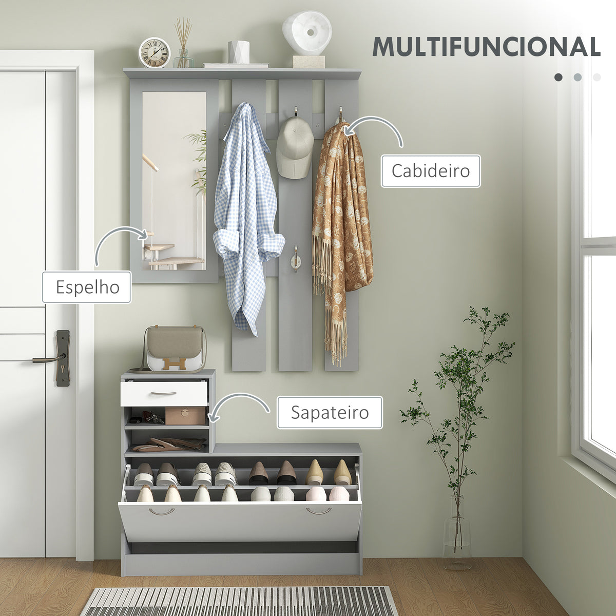 Móvel Cabide de Entrada de 3 Peças Armário de Entrada com Cabide Espelho Sapateira e Gaveta 90x10x102 cm Branco e Cinza — foto 4