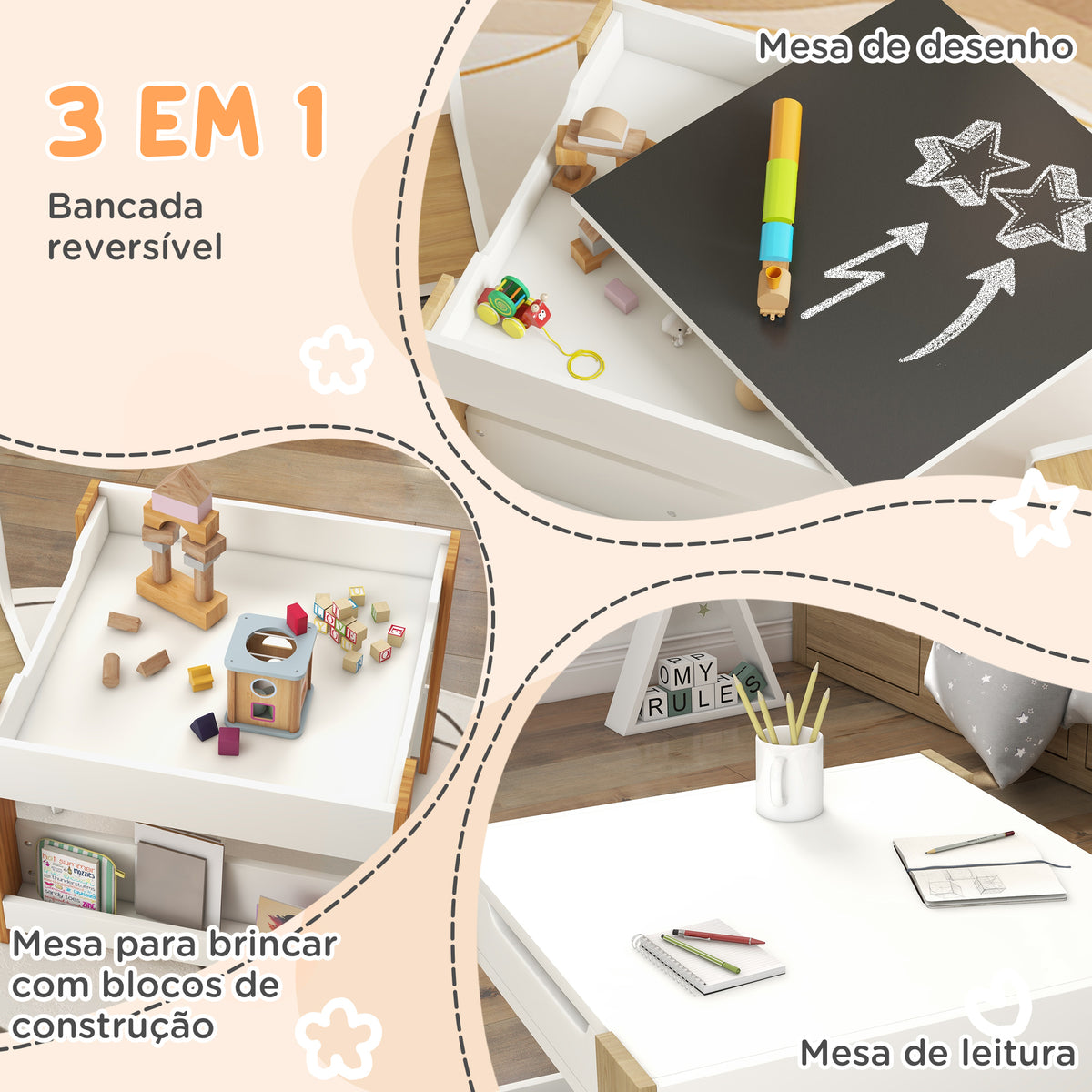 Conjunto de Mesa e 2 Cadeiras Infantis Mesa com Cadeiras para Crianças 2 em 1 com Ardósia Gavetas de Tecido e Espaço de Armazenamento para Quarto Sala de Jogos Cinza — foto 4