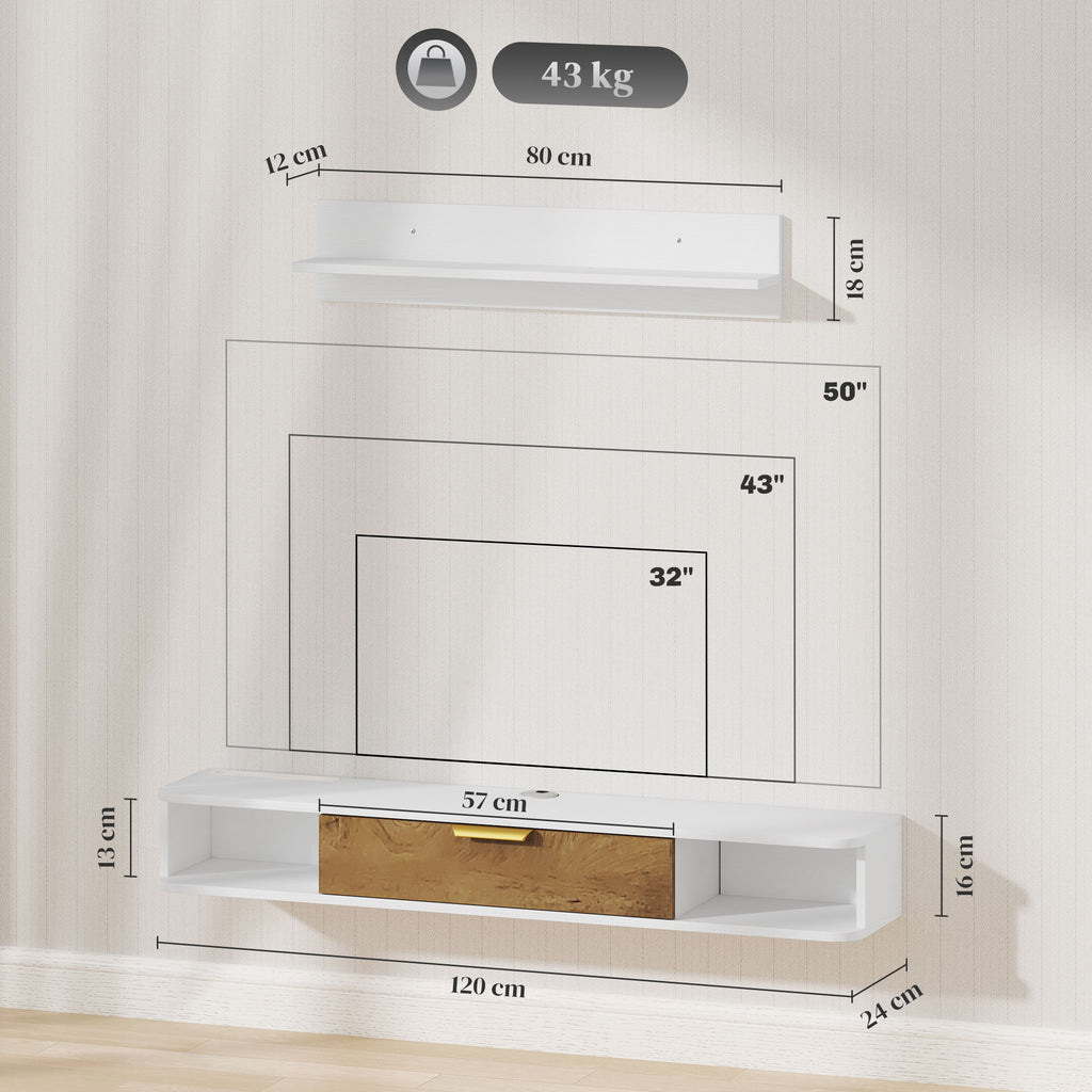 Conjunto de Móveis de Sala, Móvel de TV com Prateleira de Parede, Porta, Prateleiras Abertas, Orifícios para Cabos, para Televisão de Parede, 120x24x16 cm, Branco — foto 3