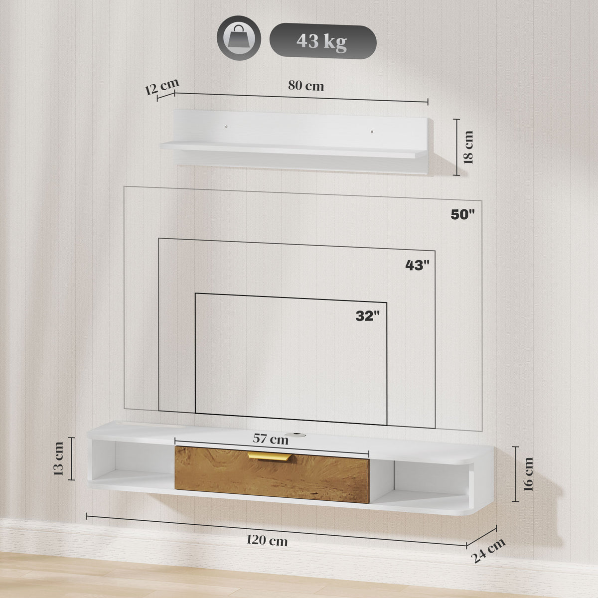 Conjunto de Móveis de Sala, Móvel de TV com Prateleira de Parede, Porta, Prateleiras Abertas, Orifícios para Cabos, para Televisão de Parede, 120x24x16 cm, Branco — foto 3