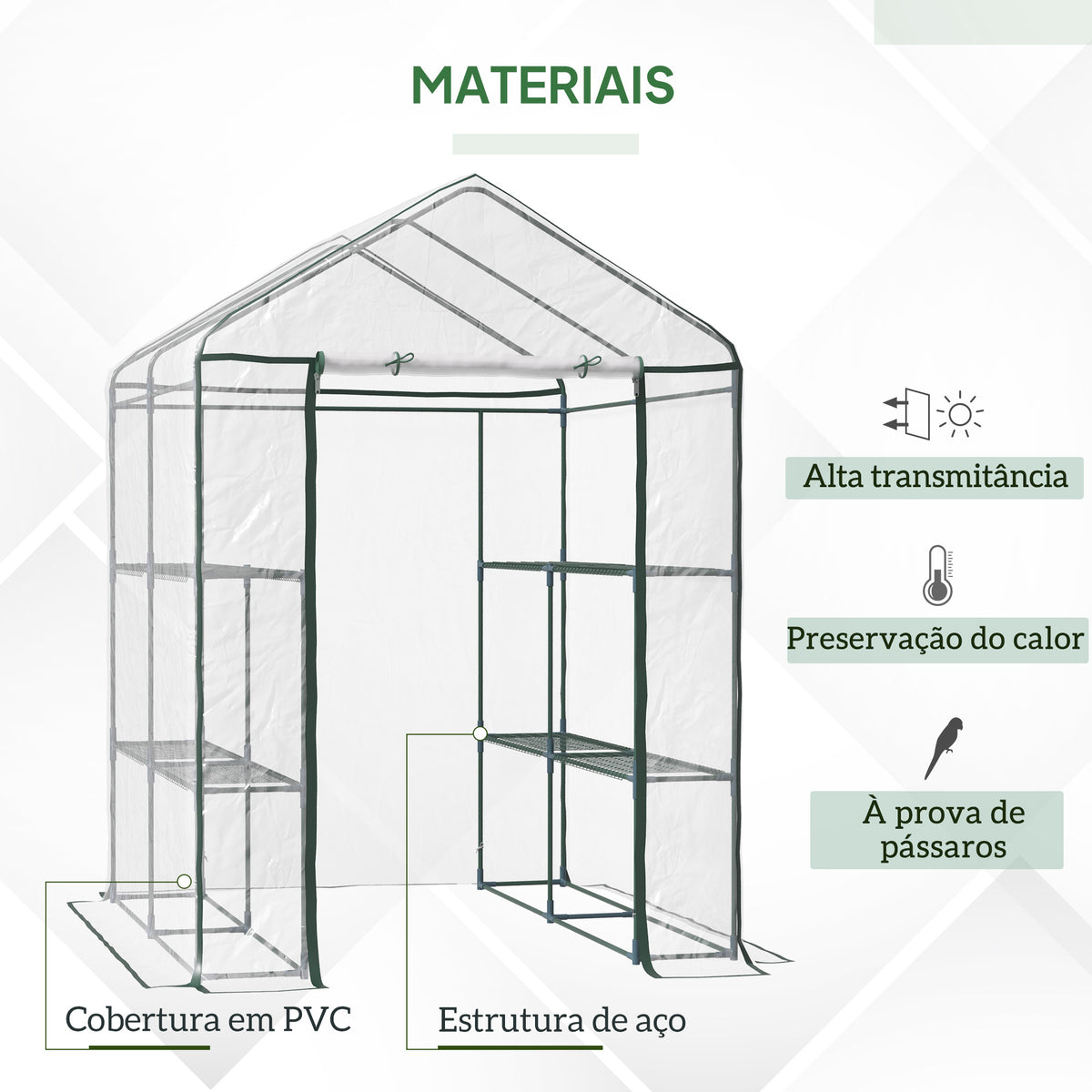 Estufa Transparente de Jardim Estufa de Plantas de 3 Níveis com Prateleiras Estrutura de Aço 143x143x195cm Transparente e Verde — foto 4