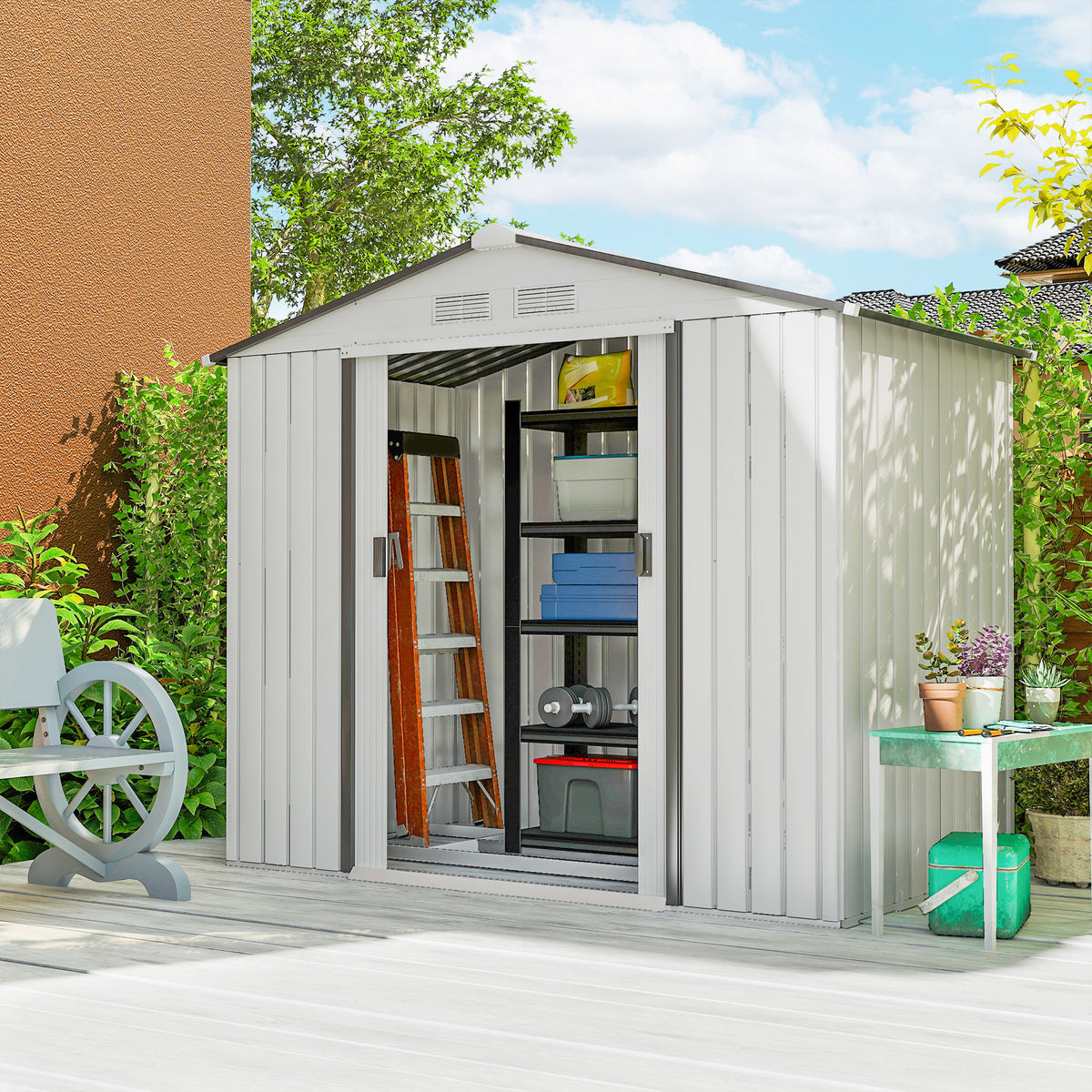 Abrigo de Jardim 213x130x185cm Abrigo de Jardim Metálico de Exterior para Armazenamento de Ferramentas com 2 Portas Deslizantes e 4 Janelas para Terraço Branco e Cinza — foto 2