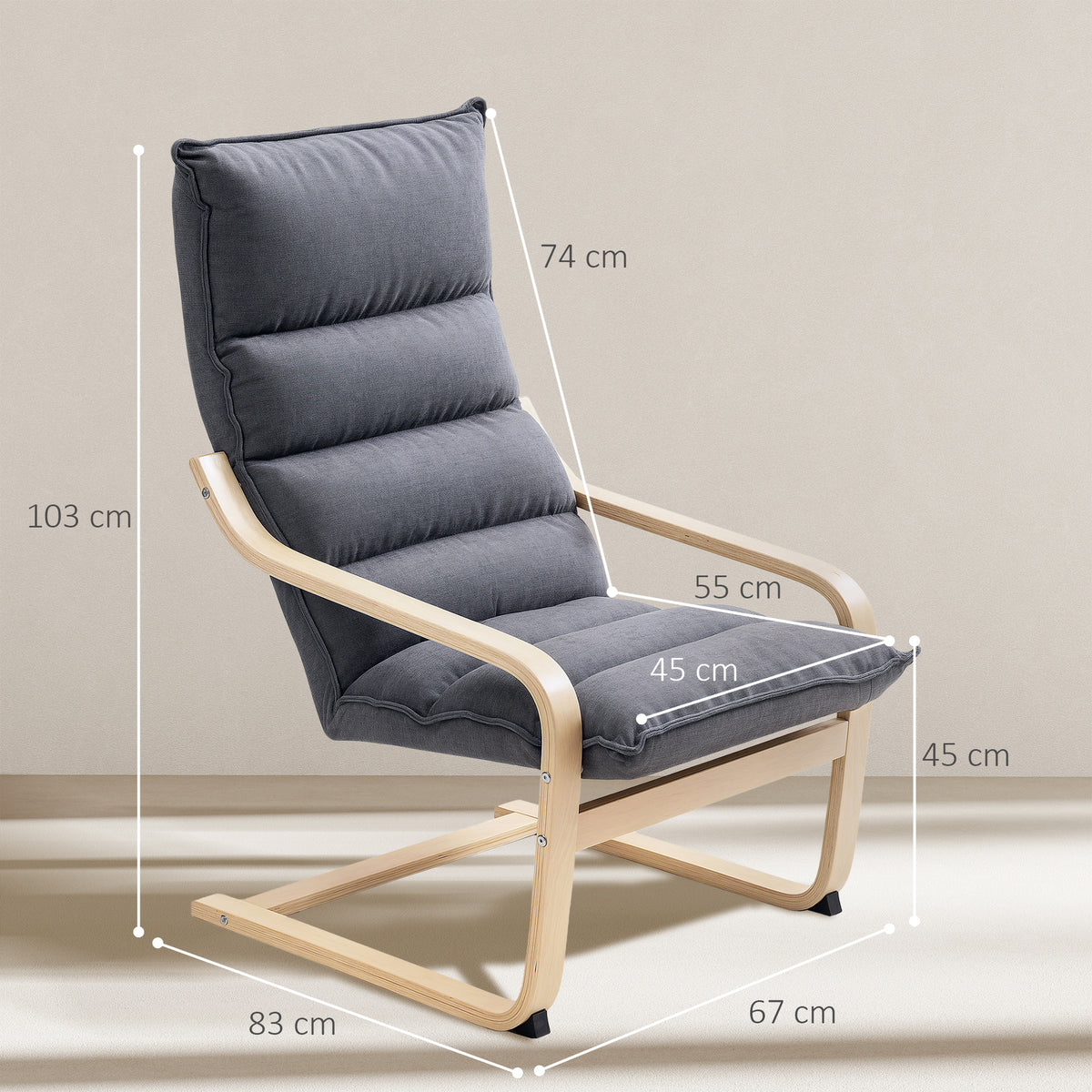 Poltrona de Sala de Estar Moderna Poltrona com Encosto Alto Apoio para os Braços e Pés de Madeira Estofada em Veludo Poltrona para Dormitório Sala de Estar 67x83x105 cm Cinzento — foto 3