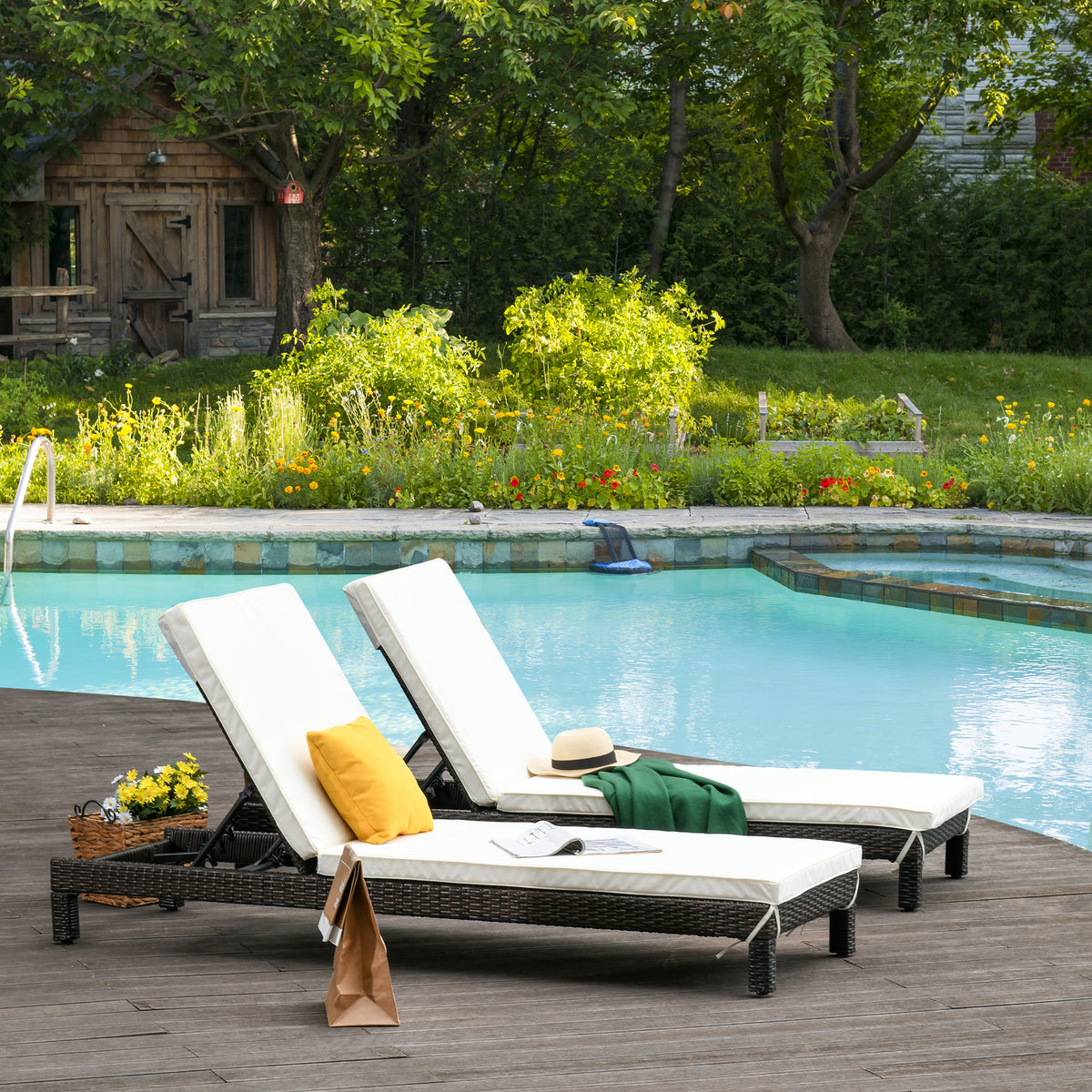 Conjunto de 2 Espreguiçadeiras de Jardim de Vime Reclináveis em 5 Posições Carga Máxima 160 kg para Varanda Pátio Exterior 196x65x22 cm Marrom e Creme — foto 2