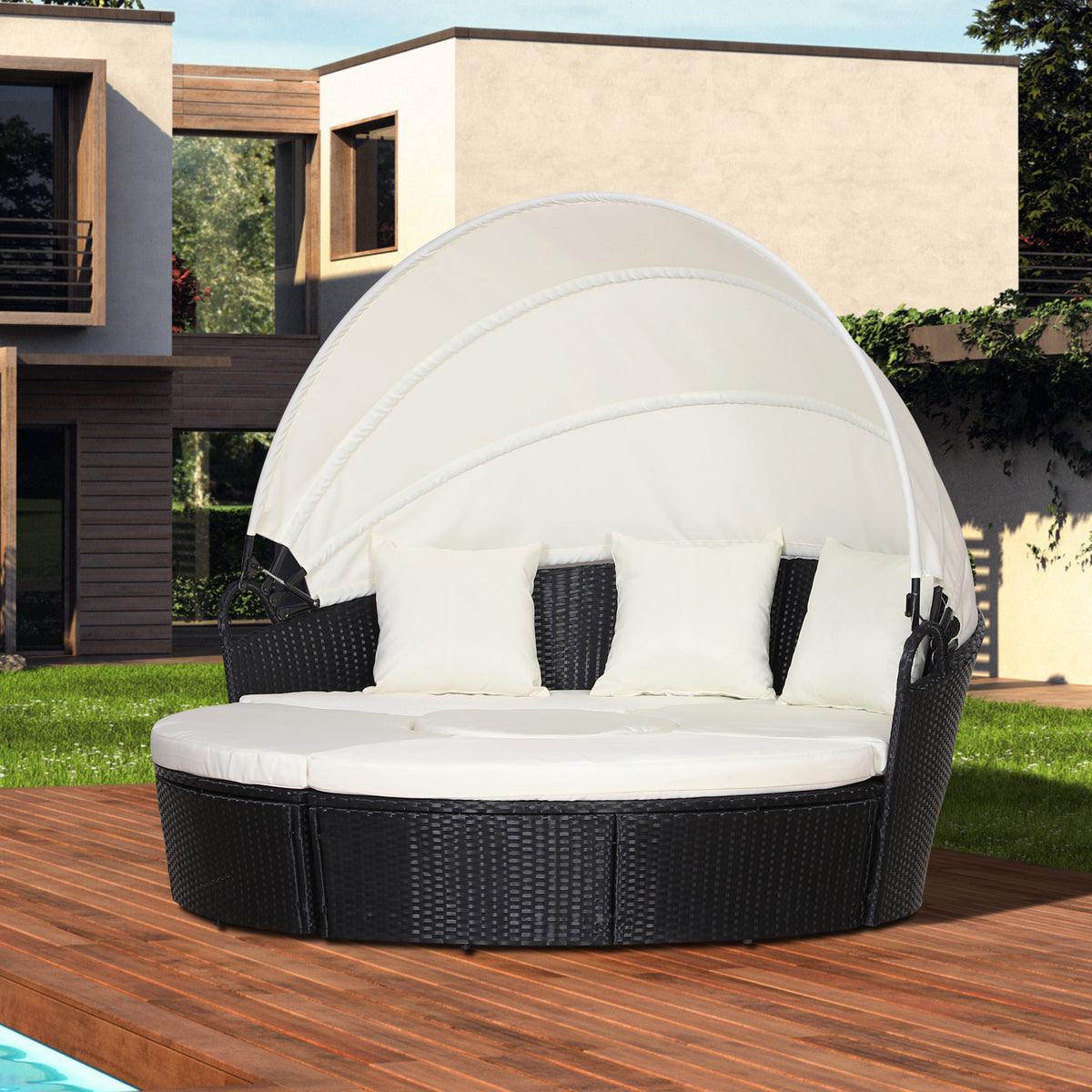 Conjunto de Vime Modular para Exterior com 5 Peças Cama Redonda com Toldo Dobrável Almofadas Removíveis Laváveis e 3 Almofadas Decorativas Estrutura de Metal 175x180x147cm Preto e Bege — foto 2