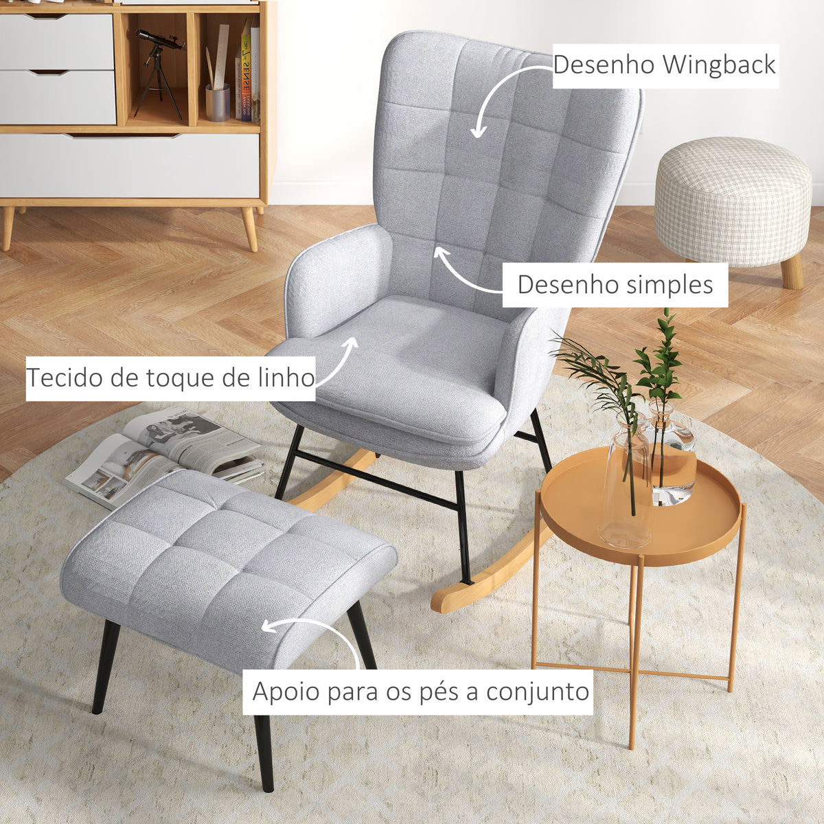 Conjunto de Poltrona Baloiço com Apoio para os Pés Poltrona Relax com Almofada Acolchoada e Anti-Tombo Carga 130 kg Sala de Estar Dormitório 64x89x90 cm Cinzento — foto 5
