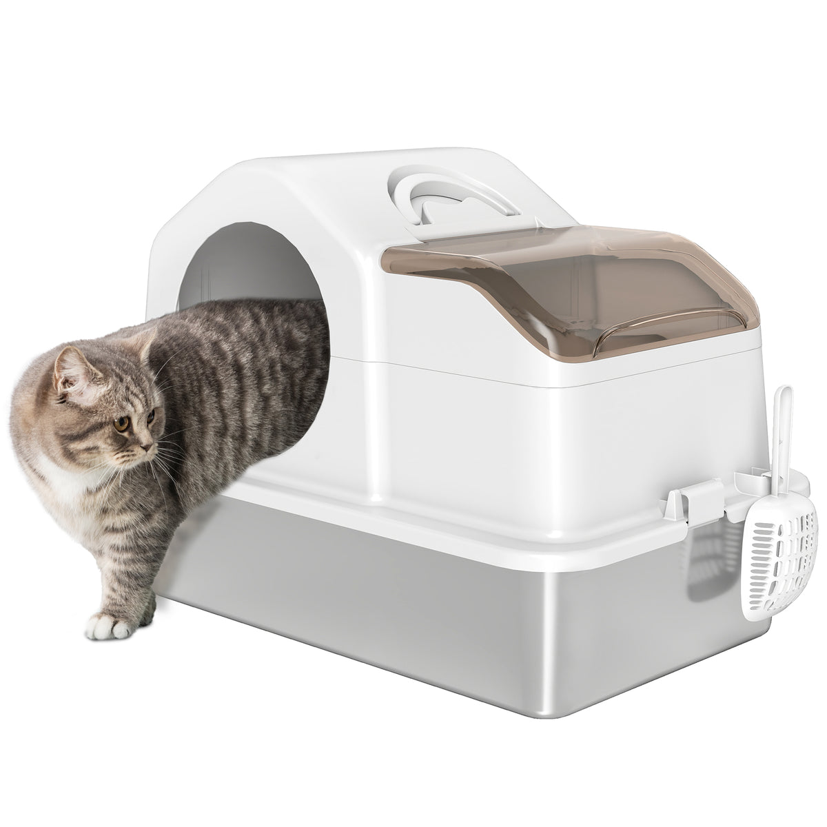 Caixa de Areia para Gatos Coberta Caixa de Areia Fechada com Bandeja de Aço Inoxidável Tampa Removível Bordos Altos Tapetes Pá sem Olor Fácil de Limpar para Gatos Grandes 60,5x40,5x42 cm Branco — foto 1