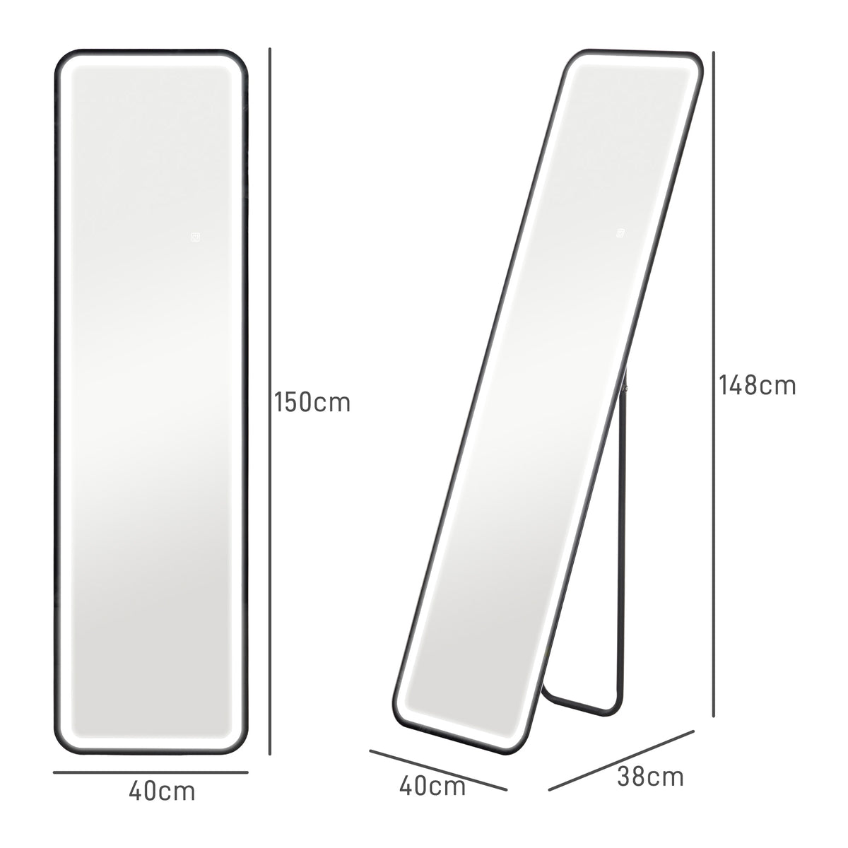 Espelho de Pé com Luz LED 40x150 cm Espelho de Corpo Inteiro sem Moldura com Iluminação de 3 Cores Função de Memória e Controlo Tátil Inteligente para Sala de Estar Dormitório Preto — foto 3