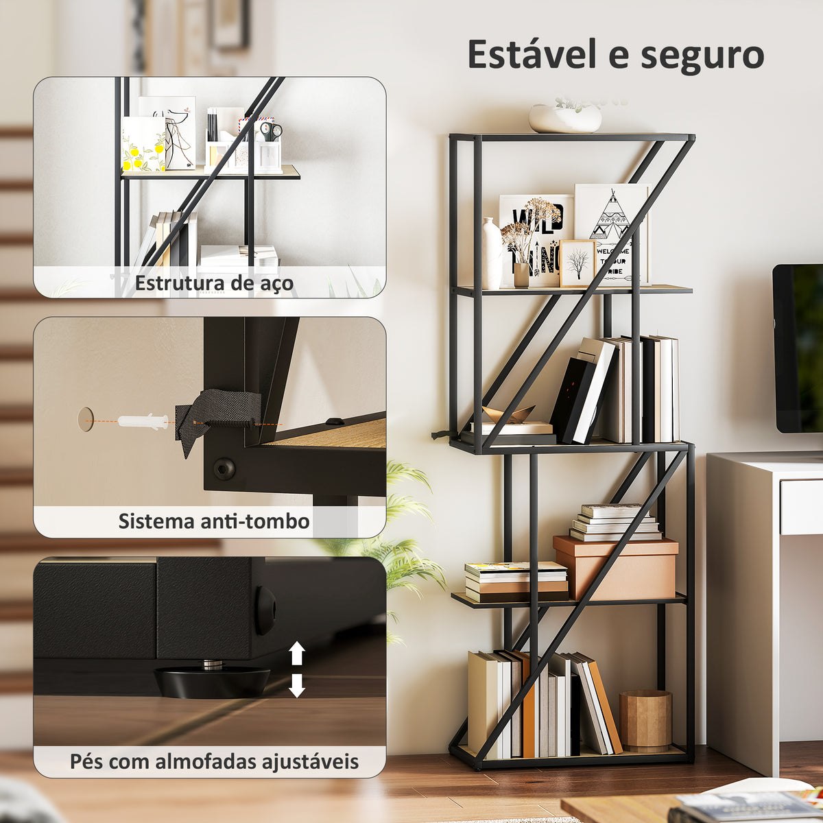 Estante de 5 Níveis Estante para Livros Estilo Industrial com Prateleiras Abertas e Estrutura de Aço para Sala de Estar Quarto e Escritório 60x30x165 cm Madeira e Preto — foto 5