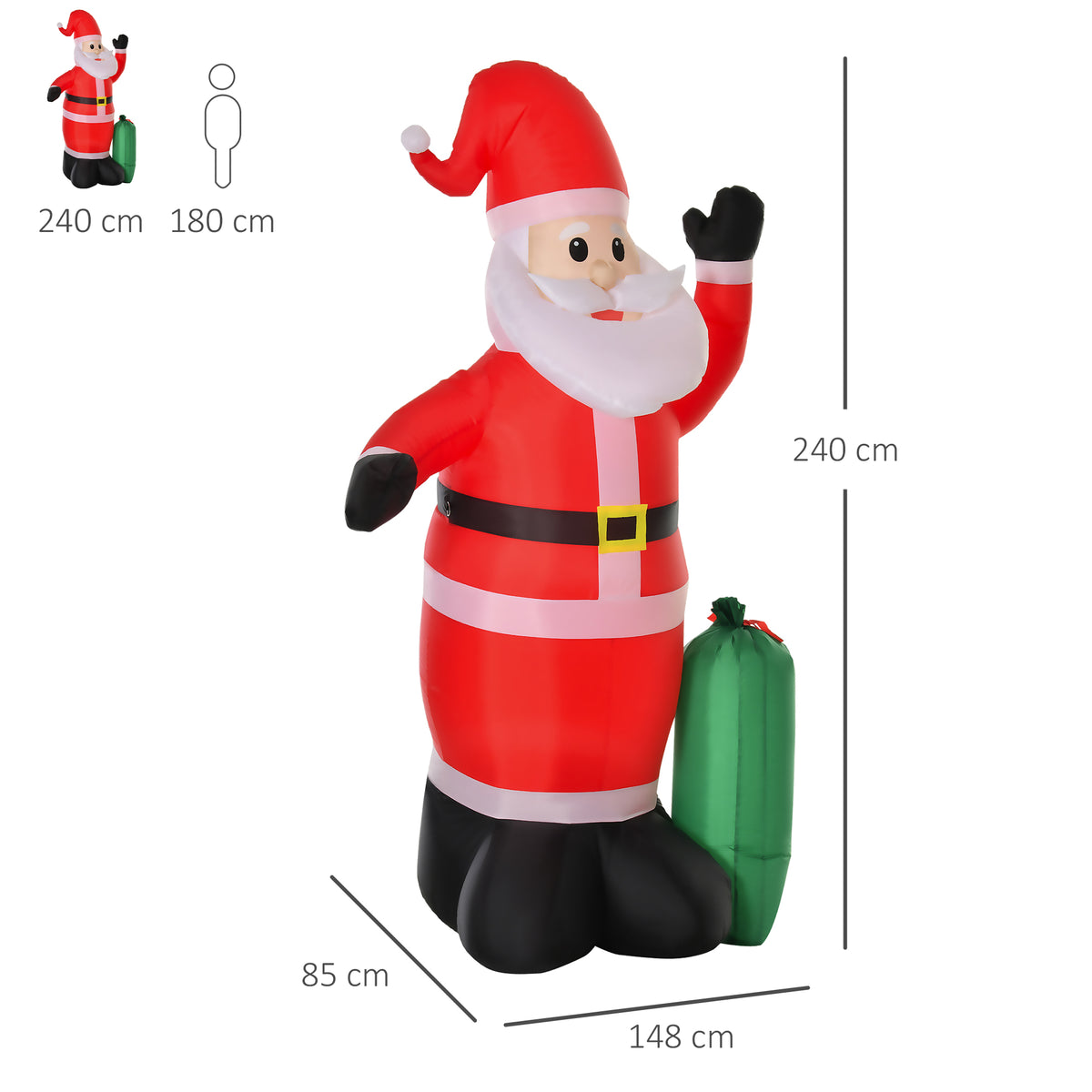 Pai Natal Insuflável com Saco de Presentes 3 Luzes LED IP44 e Inflador Elétrico Decoração de Natal para Interiores e Exteriores 148x85x240cm Vermelho e Verde — foto 3