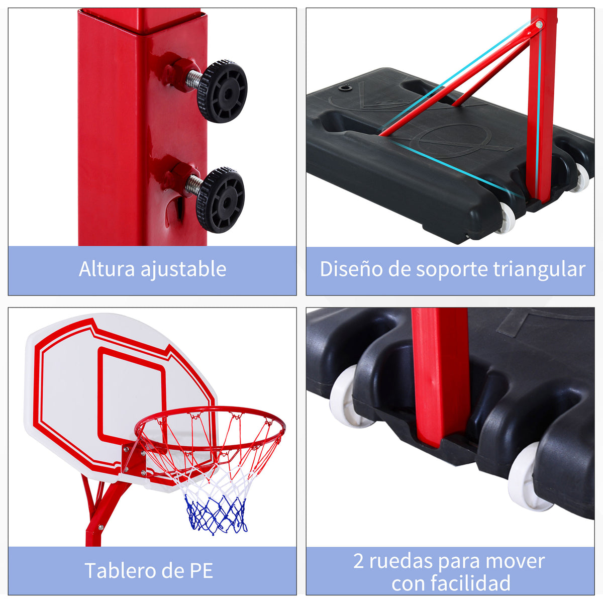 Cesta de basquete com altura ajustável de 210-260 cm com suporte de metal e base recarregável para crianças e adultos vermelho — foto 6