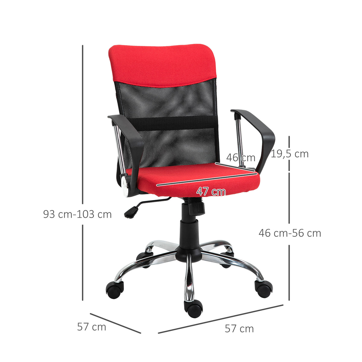 Cadeira ergonômica basculante e giratório para escritório com assento ajustável em altura, apoios de braço e rodas 57x57x93-103 cm Preto e vermelho — foto 3