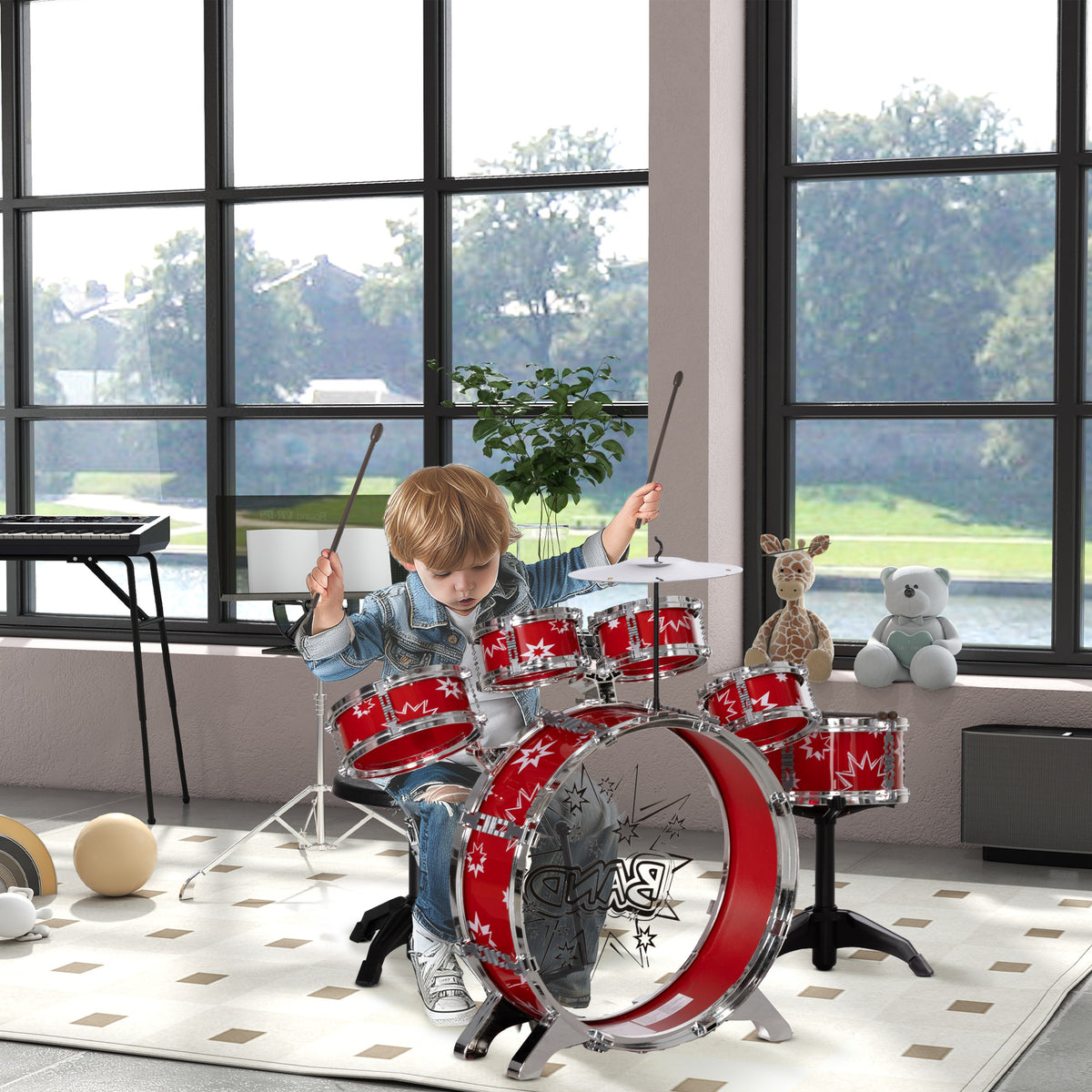 Bateria Infantil com Banco Bateria para Crianças acima de 3 Anos com Tambores Pedal e Baqueta Desenho com Tema de Estrelas 65x22x57 cm Vermelho — foto 2