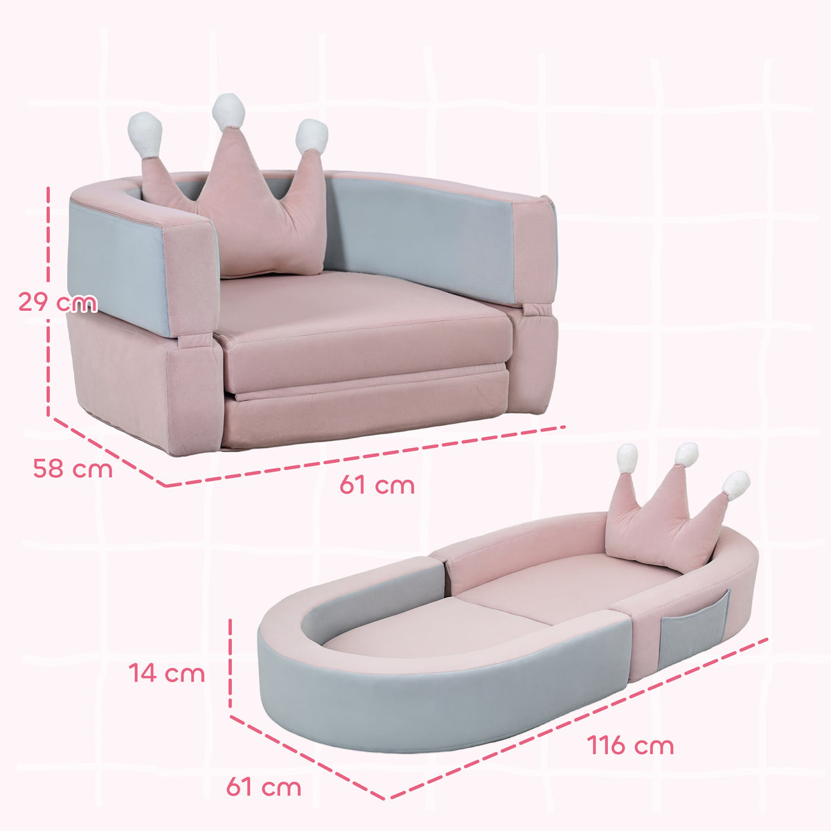 Sofá Infantil Convertível Sofá para Crianças com Almofada em Forma de Coroa Dobrável em Cama e Zona de Brincadeiras Estofado em Veludo Suave para Crianças dos 18 aos 36 Meses Rosa e Azul Acinzentado — foto 3