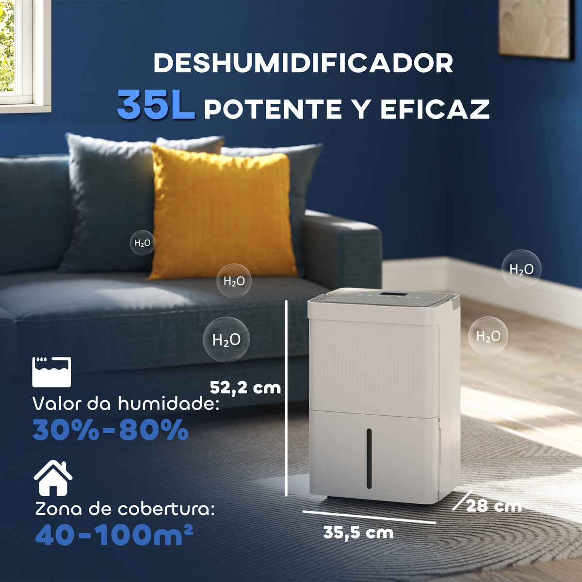 Desumidificador 35L/dia Depósito de Água 5,5L Desumidificador Elétrico com Ecrã LED Temporizador 24H Bloqueio Infantil e Drenagem Continua até 40-100㎡ Branco — foto 3