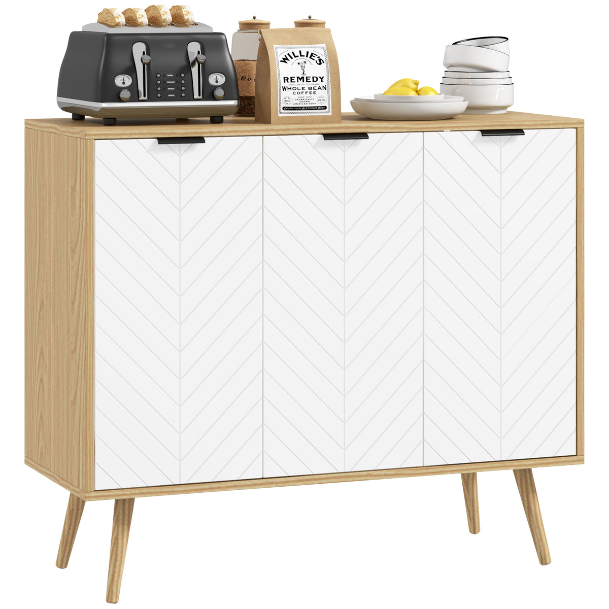Aparador de Cozinha Moderno Móvel Buffet Auxiliar com Prateleiras Ajustáveis 2 Armários e Anti-Tombo Carga Máx. 50 kg para Sala de Estar 191,5x35x77,4 cm Branco e Madeira — foto 1