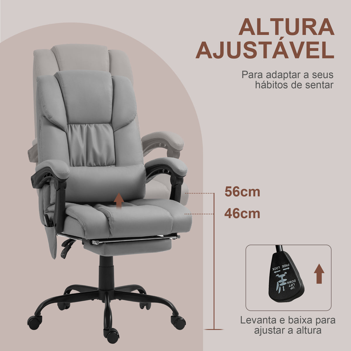 Cadeira de Escritório com Massagem de 6 Pontos Cadeira Giratória com Encosto Alto Reclinável Altura Ajustável Apoio para Pés e Controlo Remoto 66x75x112-122 cm Cinza — foto 4