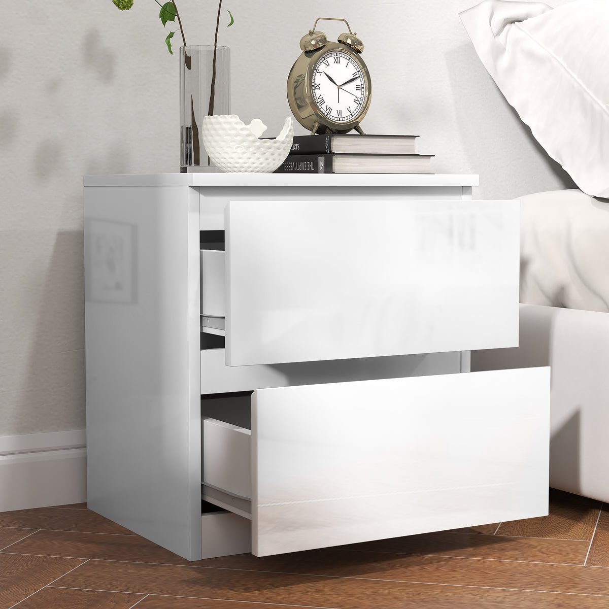 Mesa de Cabeceira Moderna Mesa de Cabeceira com 2 Gavetas Mesa de Cabeceira para Dormitório 40x34x45 cm Branco Brilhante — foto 7