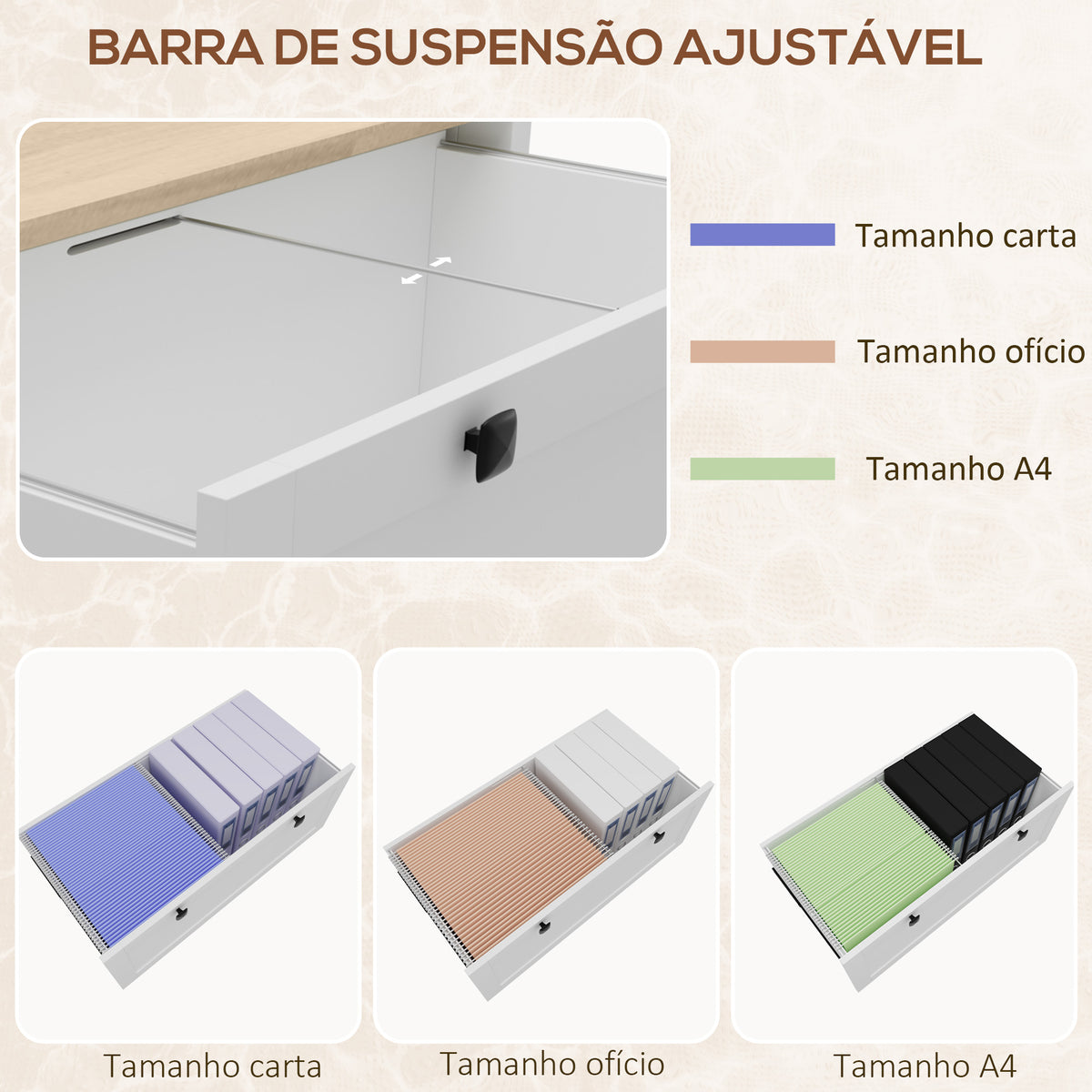Armário de Escritório Móvel Arquivador com 2 Gavetas 2 Barras Suspensas Fechadura e 2 Chaves para Tamanho A4 para Estúdio Sala de Estar 79x40x72 cm Branco e Madeira — foto 5