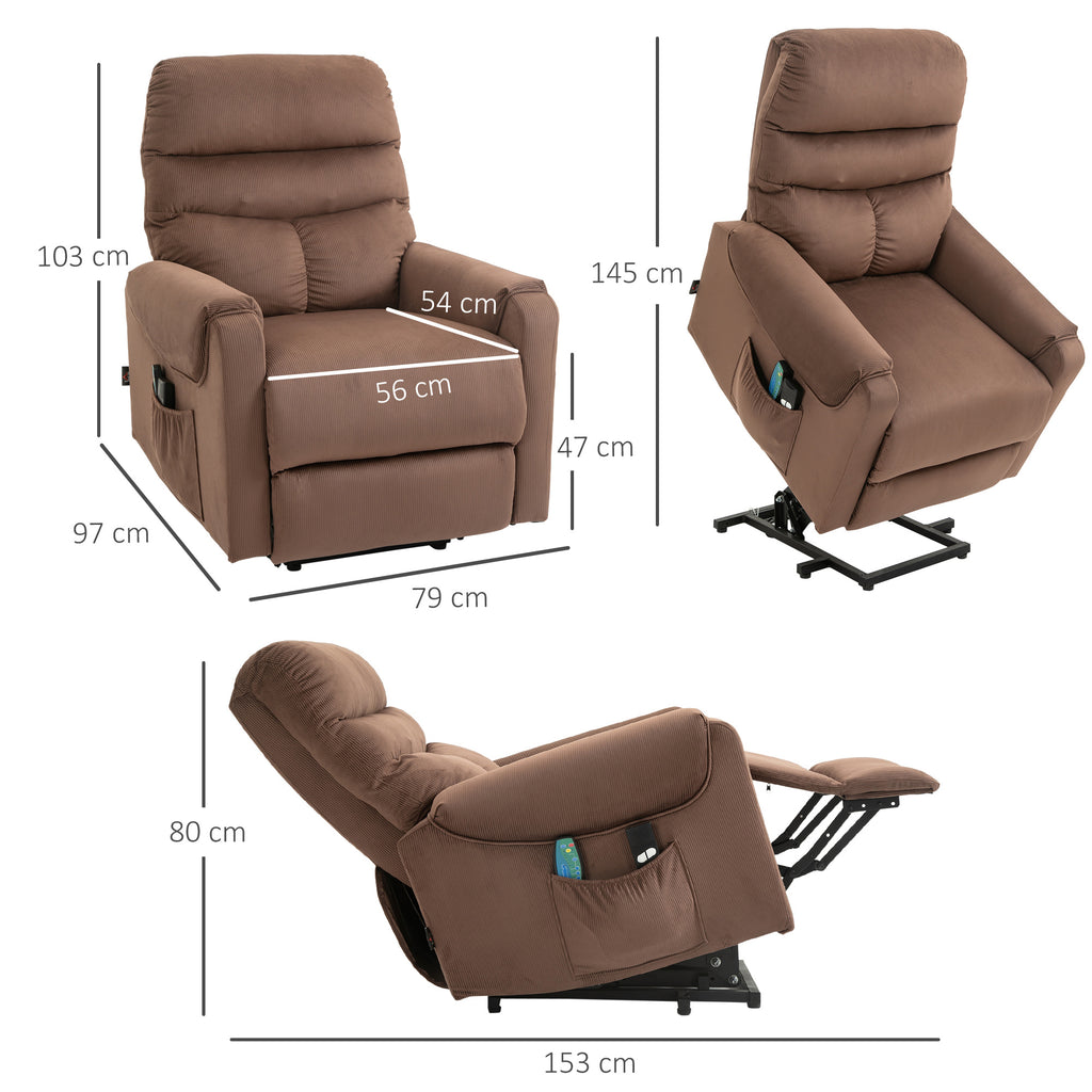 Poltrona de TV Elevatória Elétrica, Poltrona de Massagem com Função de Reclinar e Aquecimento, Poltrona Relax Ajustável com Controle Remoto e Bolso Lateral Tecido de Poliéster Marrom — foto 2